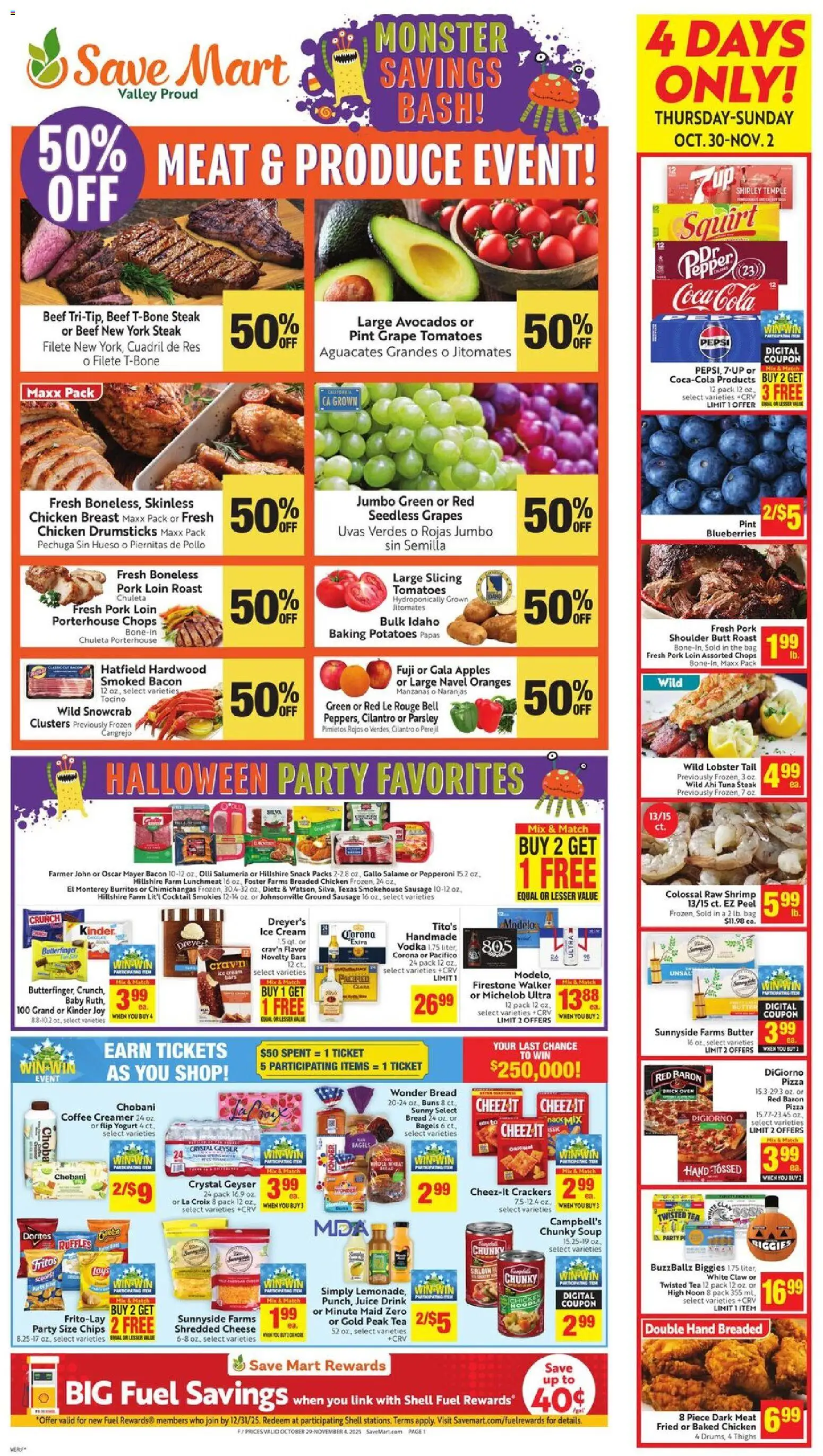 Ad Preview of Save Mart Weekly - CA from 10/29/2025 - Coffee, Juice, Bacon, Pepper, Grapes, Bag, Crackers, Cream