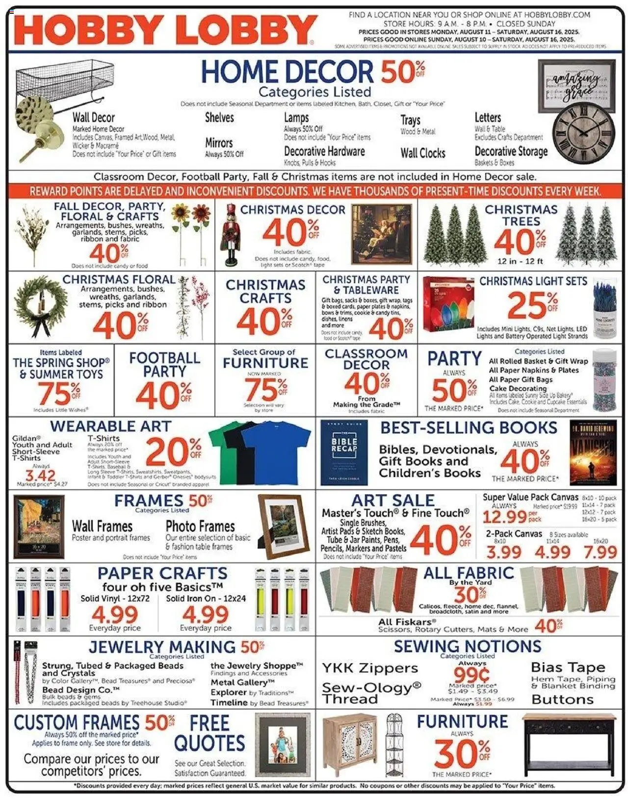 Hobby Lobby Weekly ad from 08/10/2025 - Sales ad this week - Page number 1 - Canvas, Books, Toys, Cupcake, Pads, Bath, Paper plates, Table