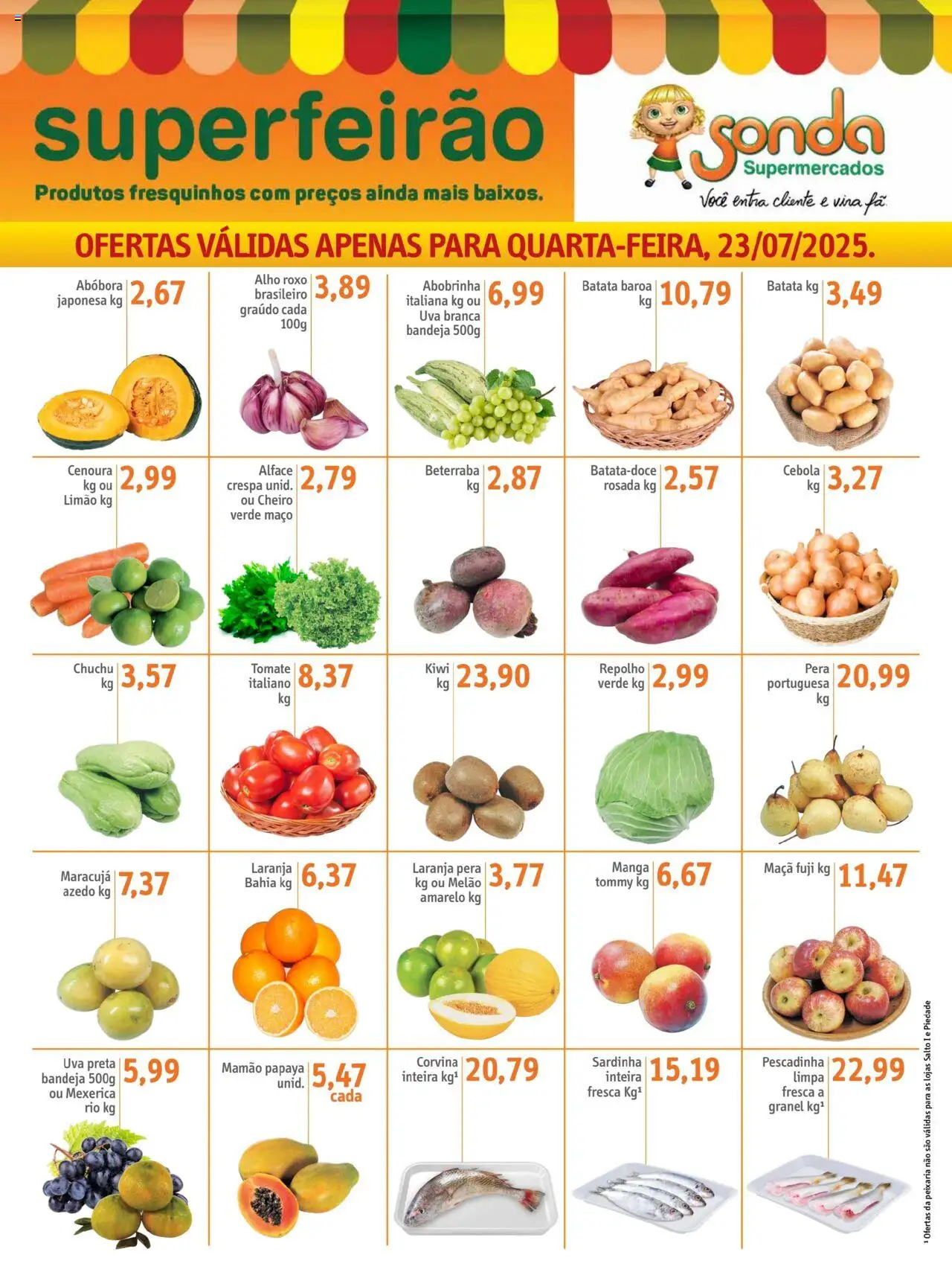 Sonda folheto "Ofertas Feirão" válido a partir de 23/07/2025 - número de página 1 - Mexerica, Alho, Tomate, Uva, Repolho, Cenoura, Alface, Batata