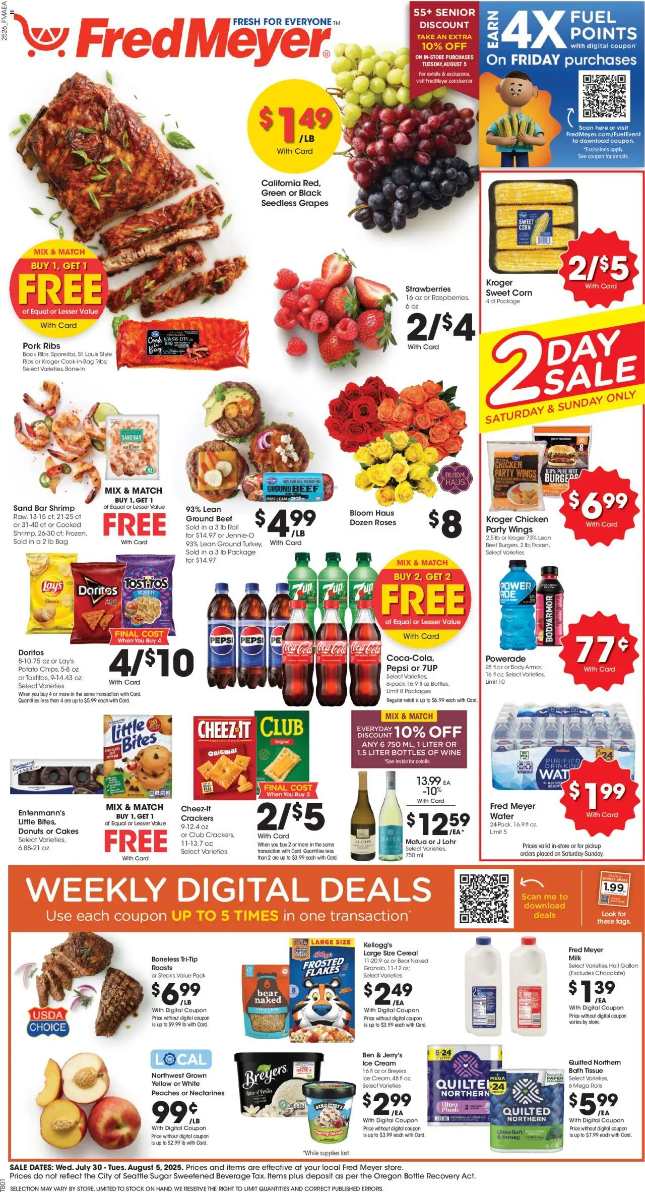 Fred Meyer Weekly Ad from 07/30/2025 - Flyer - Page number 1 - Bath, Milk, Chocolate, Wine, Pork, Flakes, Ice cream, Sugar