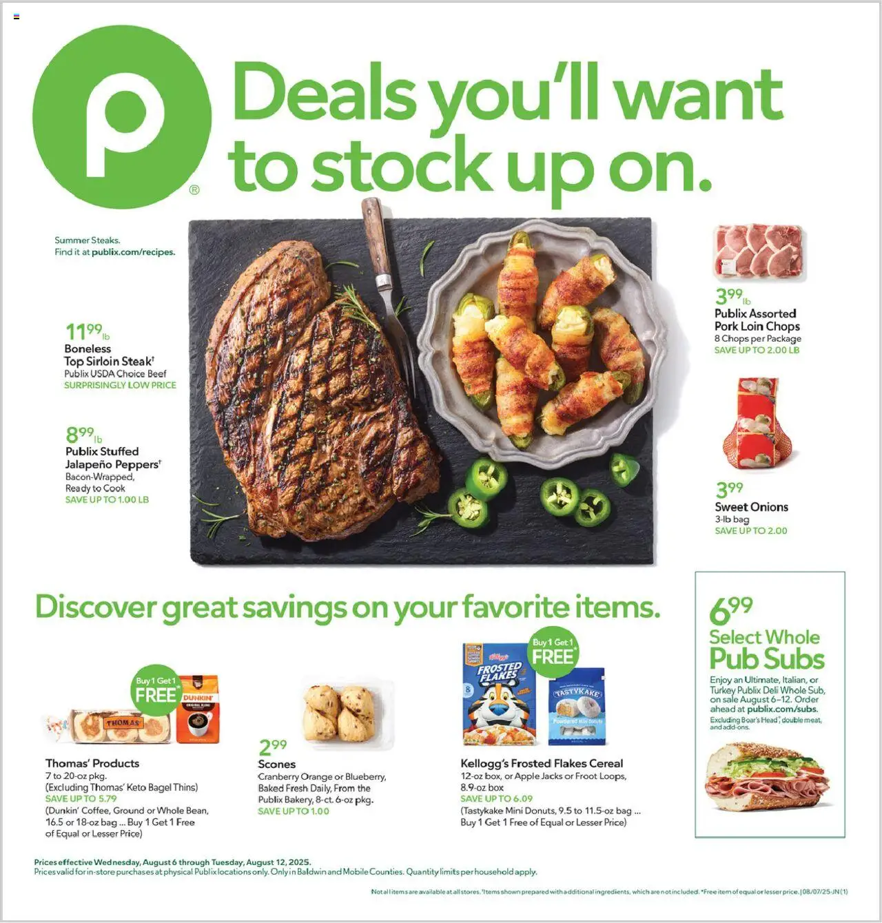 Publix Weekly ad from (08/06/2025) - Ad this week, Flyer - Page number 1 - Turkey, Box, Jacks, Cereal, Beef, Pork, Pork loin, Flakes