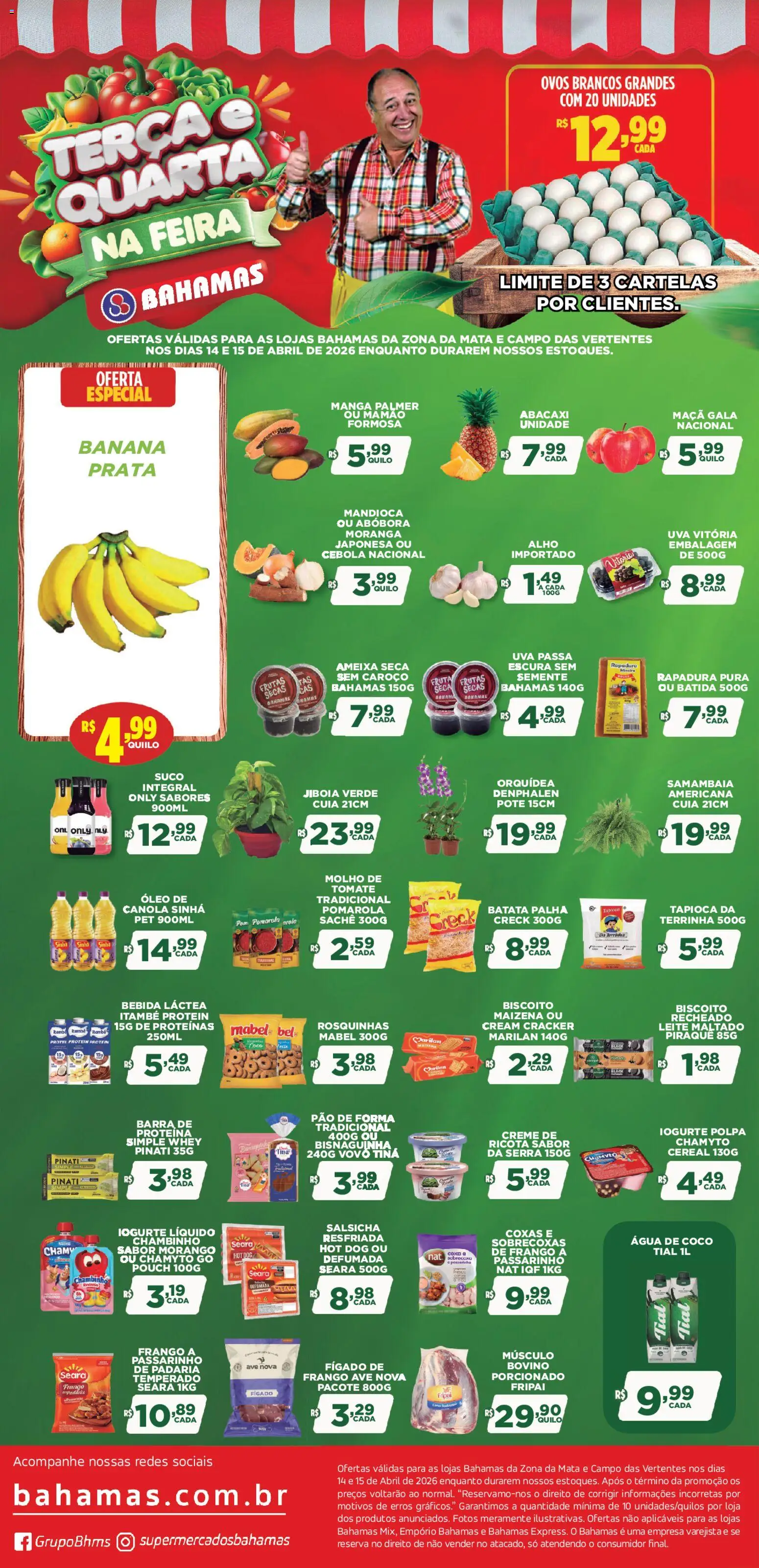 Pré-Visualização do folheto "Bahamas Supermercados ofertas Terça e Quarta na Feira" da loja Bahamas Supermercados válido a partir de 14/04/2026 - Iogurte, Ovos, Pão, Abacaxi, Tomate, Pão de forma, Creme, Cream cracker