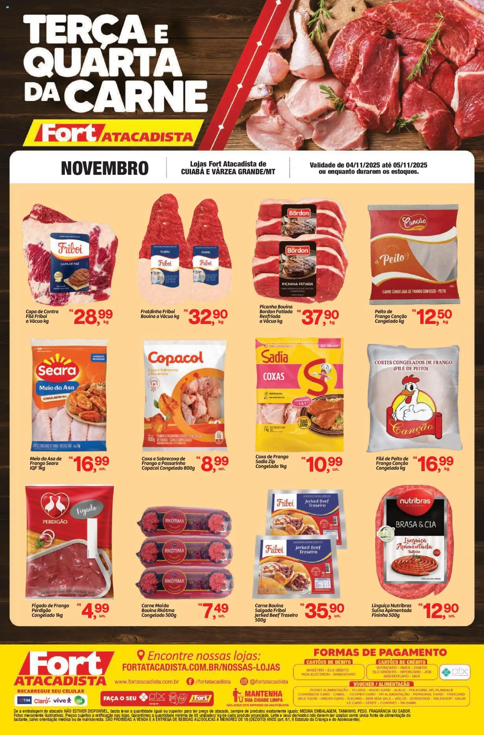 Pré-Visualização do folheto "Ofertas Carne Fresca" da loja Fort Atacadista válido a partir de 04/11/2025 - Celular, Saquê, Picanha, Leite, Carne, Carne bovina, Coxa de frango, Faca
