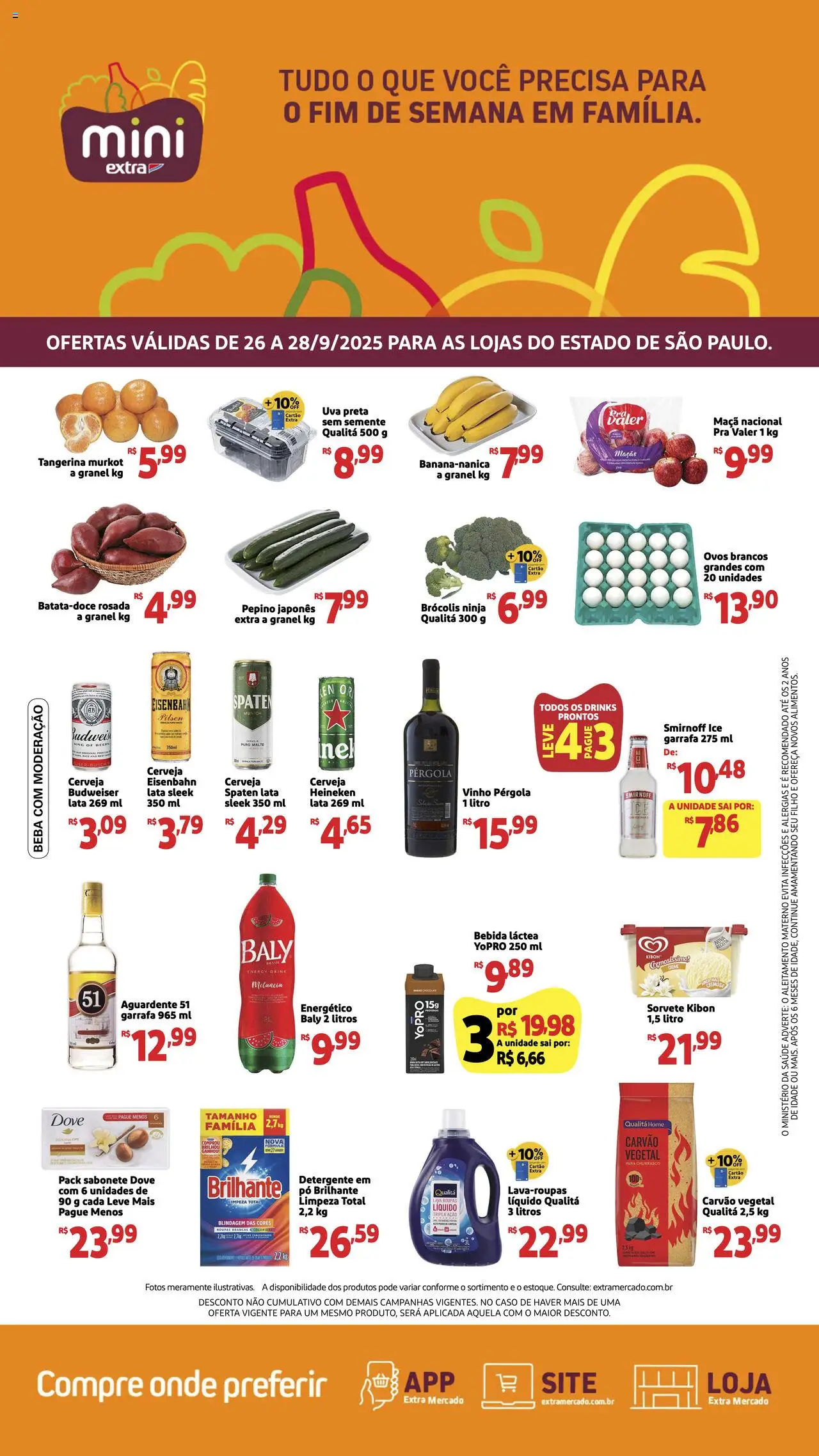 Mini Extra folheto "Ofertas Fim de semana" válido a partir de 26/09/2025 - número de página 1 - Sorvete, Vinho, Ovos, Bebida, Brócolis, Detergente, Dove, Pó