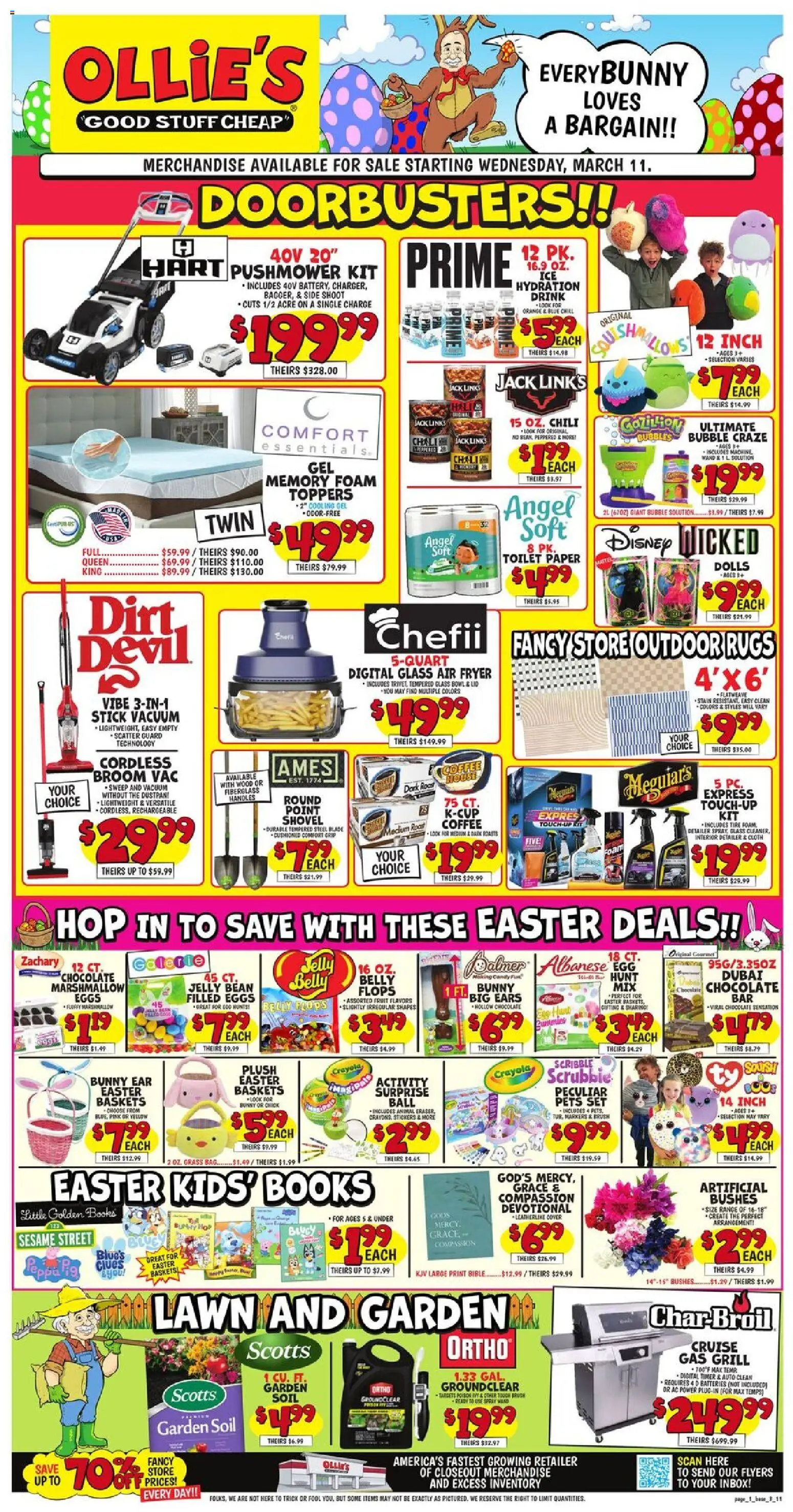 Ad Preview of Ollie's Ollie's Weekly Ad from 03/11/2026 - Coffee, Eggs, Air fryer, Grill, Bag, Toppers, Garden soil, Fryer