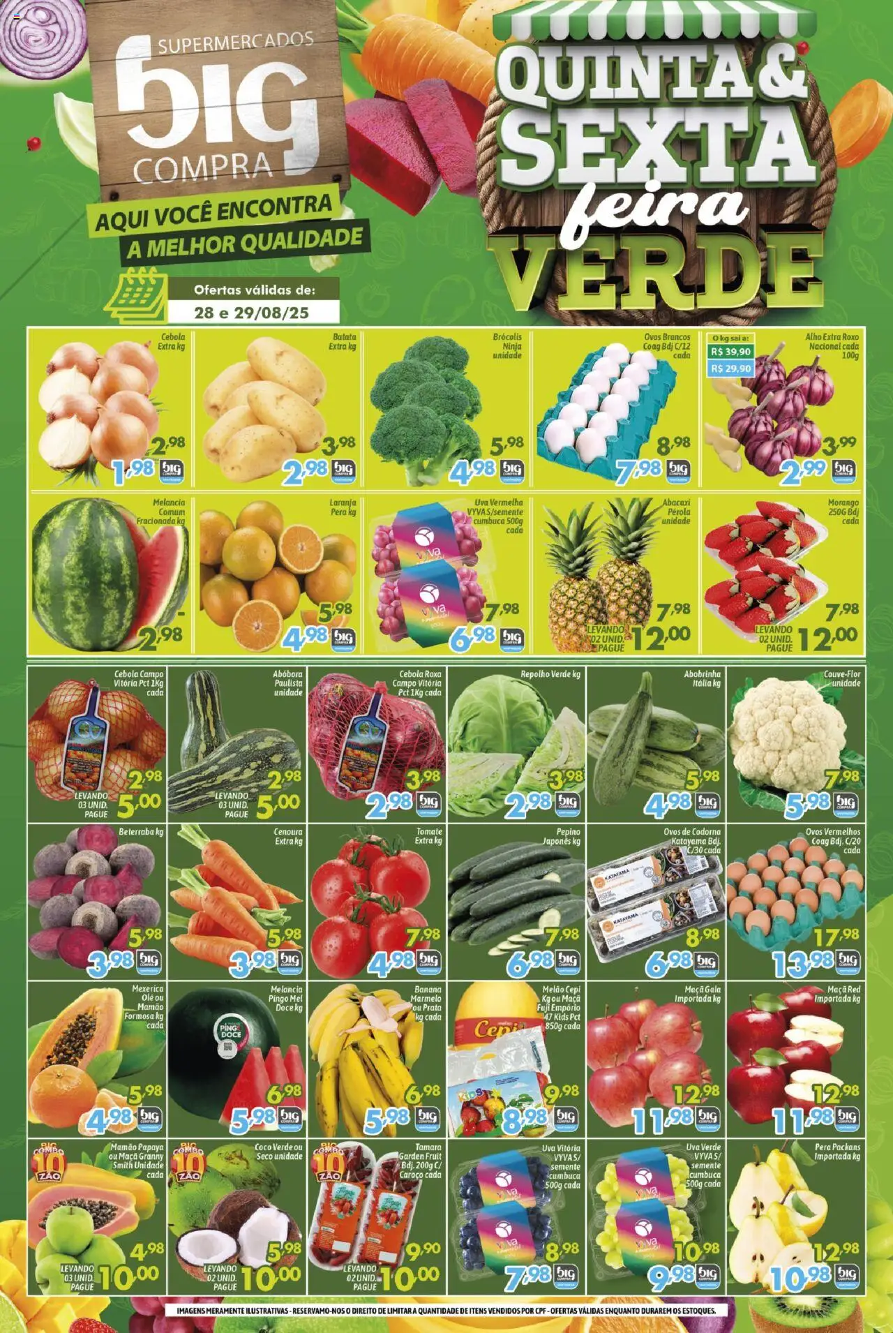 Big Compra folheto "Ofertas Quinta e sexta verde" válido a partir de 28/08/2025 - número de página 1 - Ovos, Brócolis, Pera, Abobrinha, Mel, Repolho, Ovos de codorna, Cebola roxa