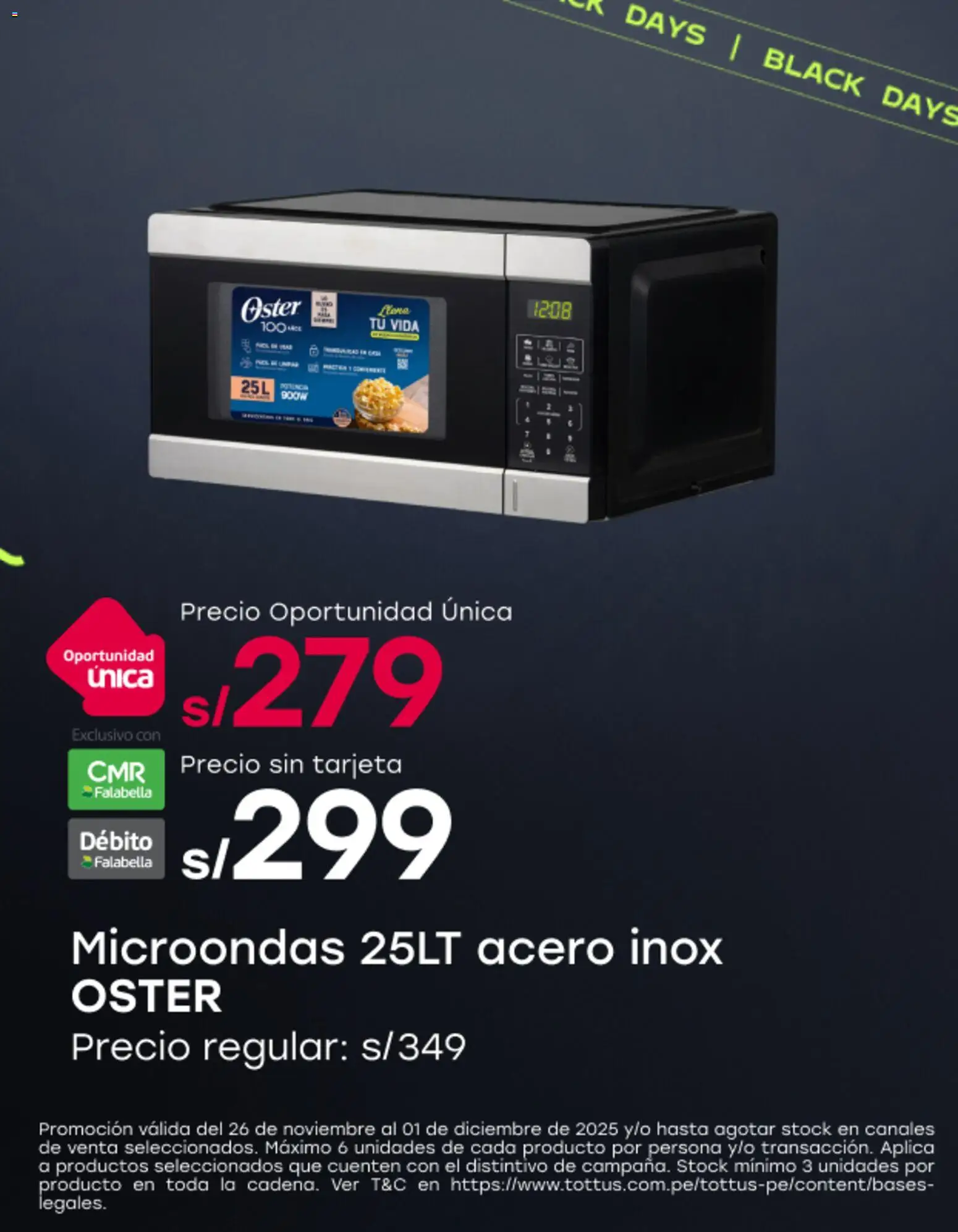 Vista previa de Black Friday de la tienda Tottus válido desde 26/11/2025 - Microondas