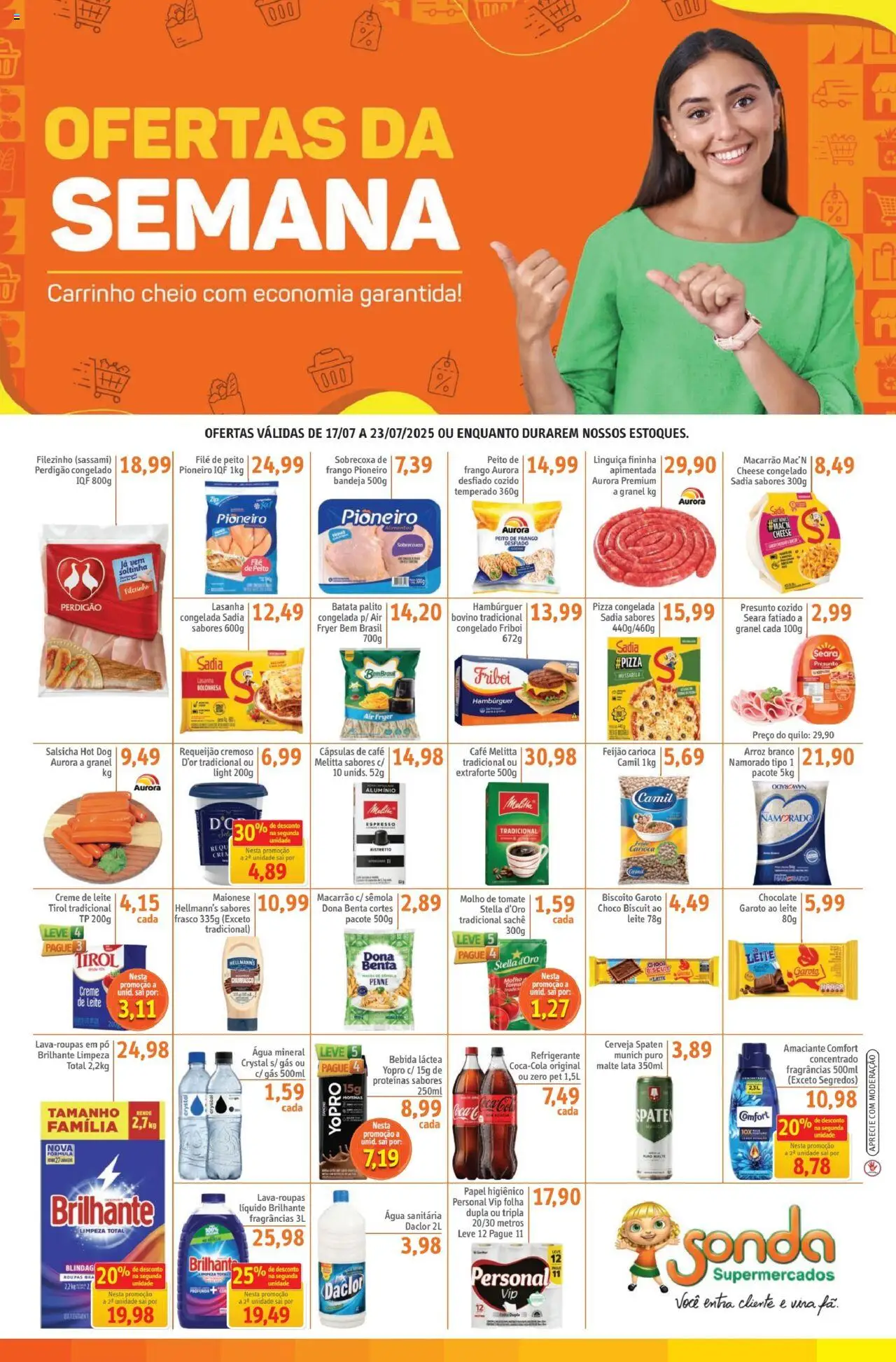 Sonda folheto "Ofertas da semana" válido a partir de 17/07/2025 - número de página 1 - Tomate, Feijão, Chocolate, Presunto, Roupas, Refrigerante, Frango, Papel higiênico