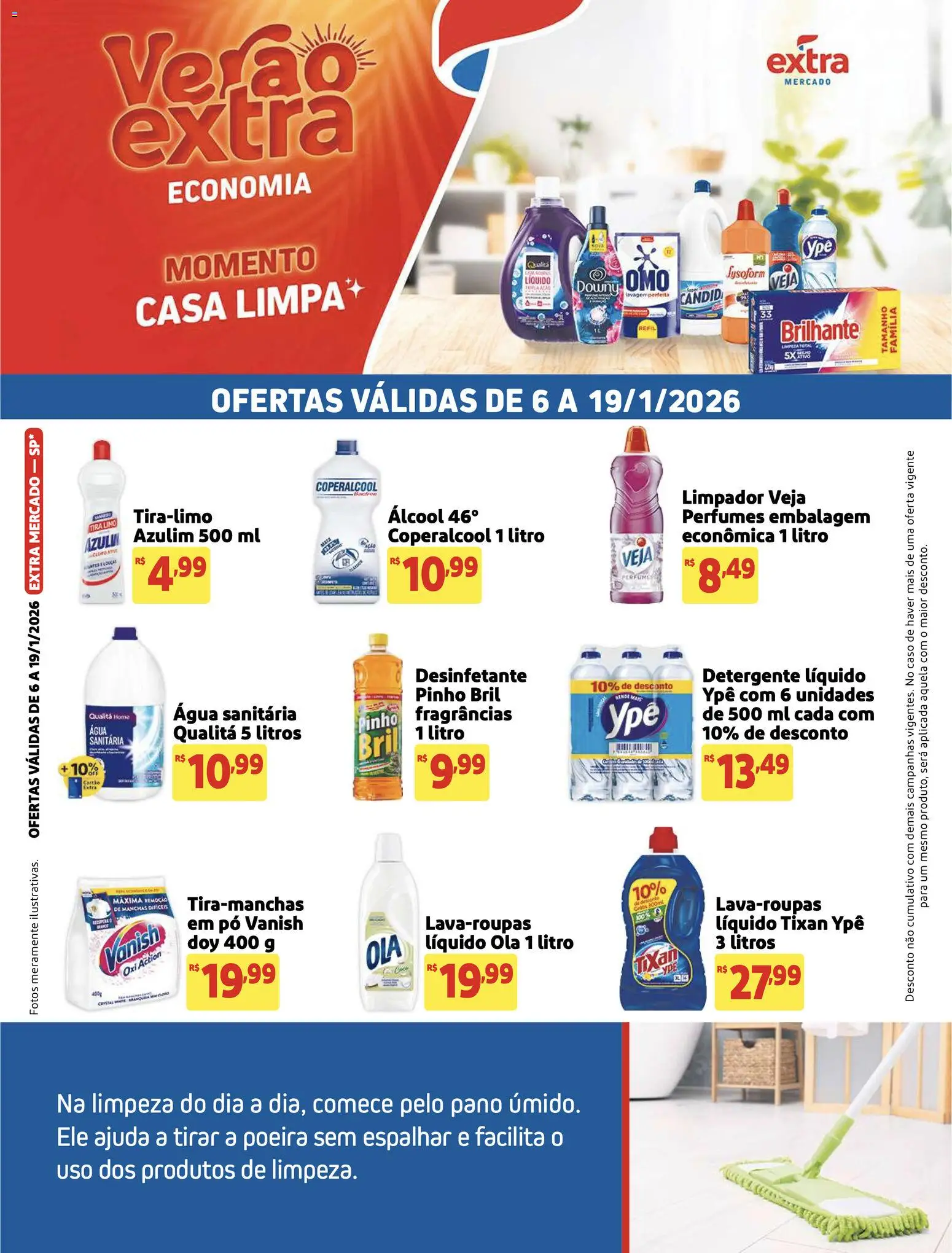 Pré-Visualização do folheto "Ofertas de Mercado Casa Limpa" da loja Extra válido a partir de 06/01/2026 - Água, Álcool, Detergente, Vanish, Pó, Água sanitária, Cloro, Azulim