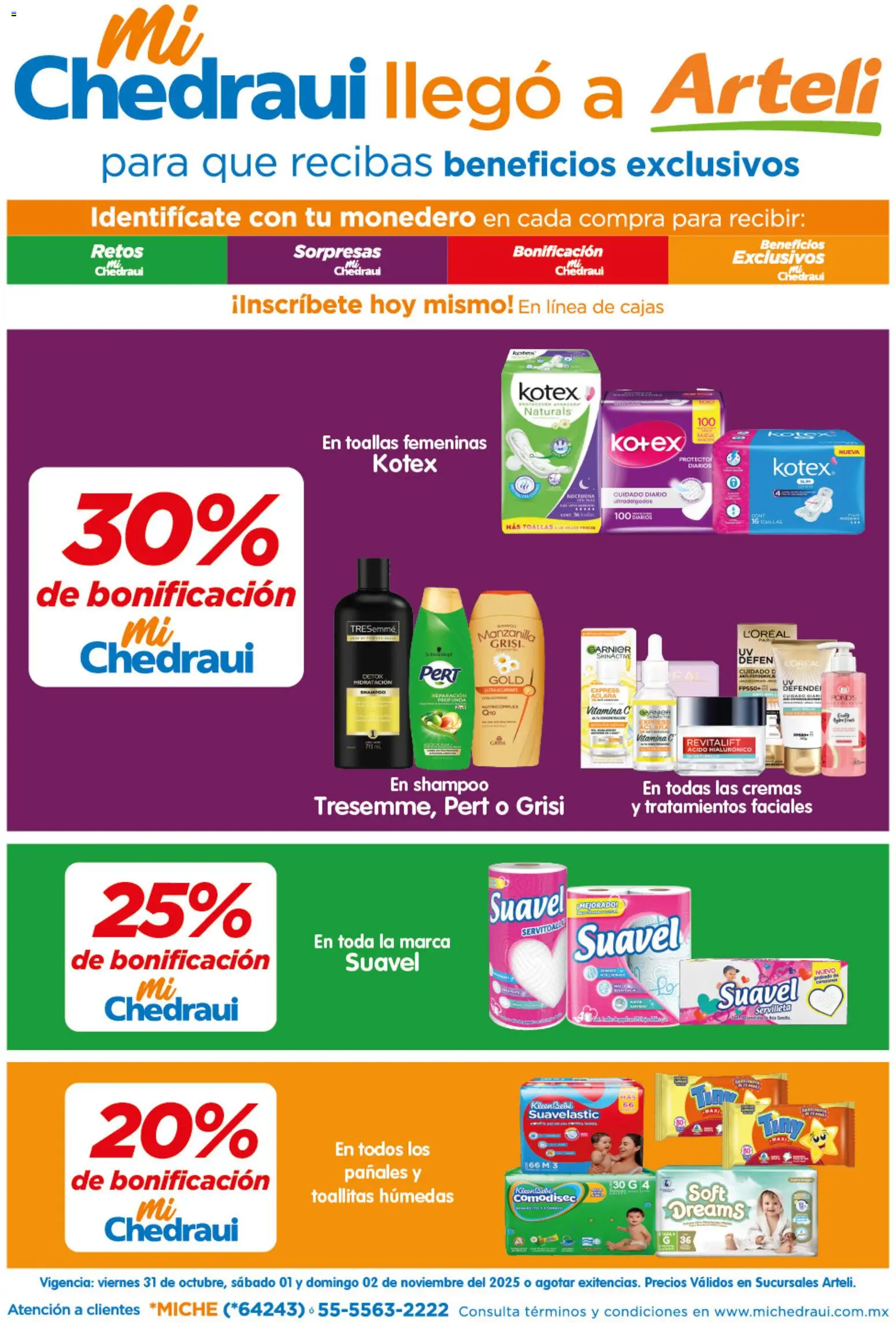 Vista previa las ofertas de la tienda Arteli - Folleto MiChedraui desde el 31/10/2025 - Shampoo, Toallitas húmedas, Pañales, Toallas, Monedero