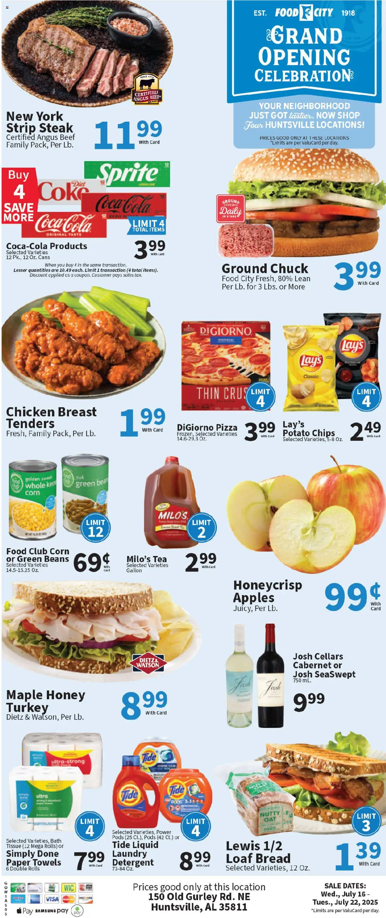 Food City Grand Opening from 07/16/2025 - Flyer - Page number 1 - Corn, Turkey, Chicken, Bread, Tea, Beef, Detergent, Chips