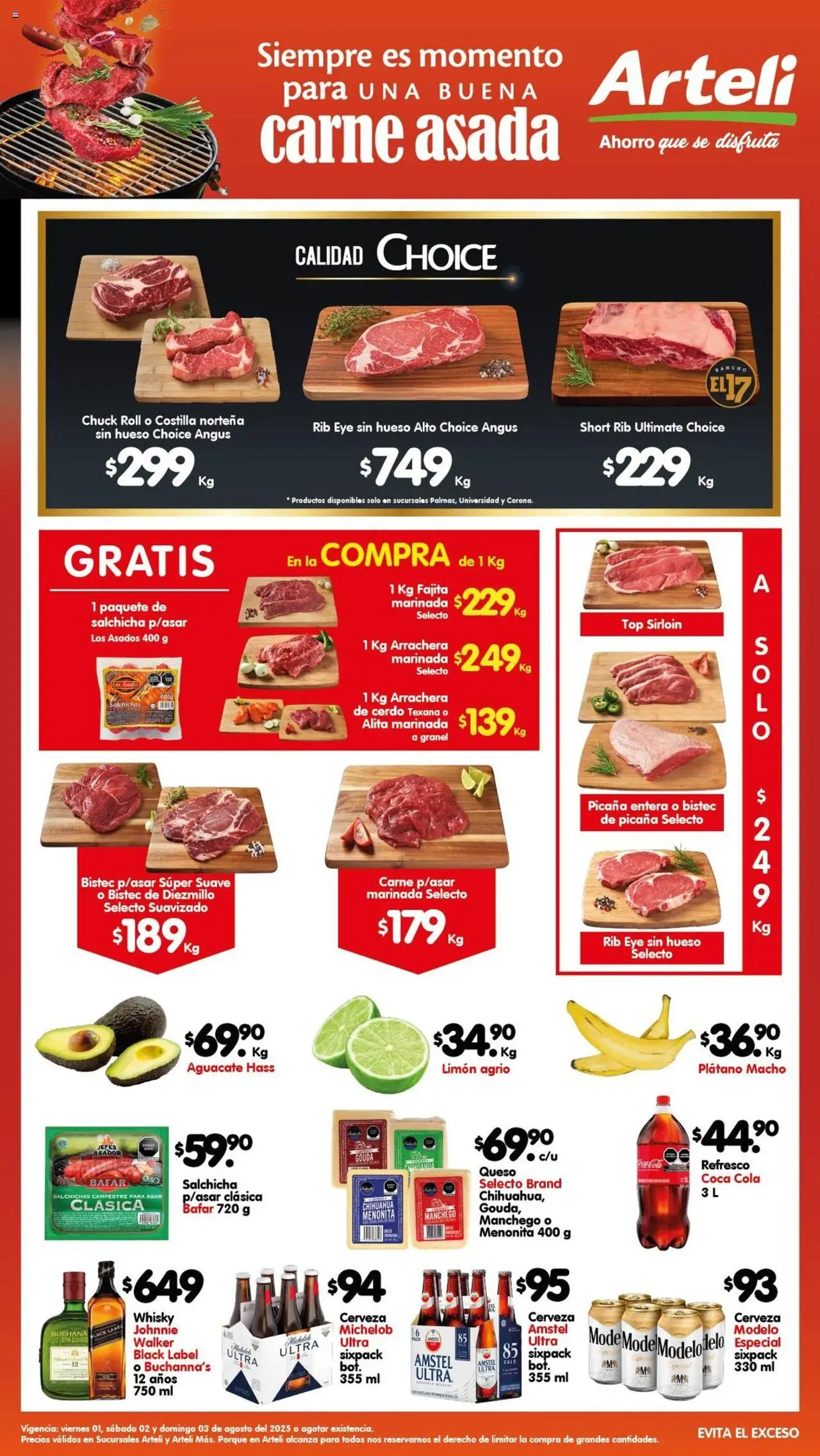 Folleto Arteli Carnes & Cortes Arteli y sus promociones válidas desde el 01/08/2025 - Número de página 1 - Whisky, Aguacate, Plátano, Carne, Asador, Top, Cerdo, Bistec