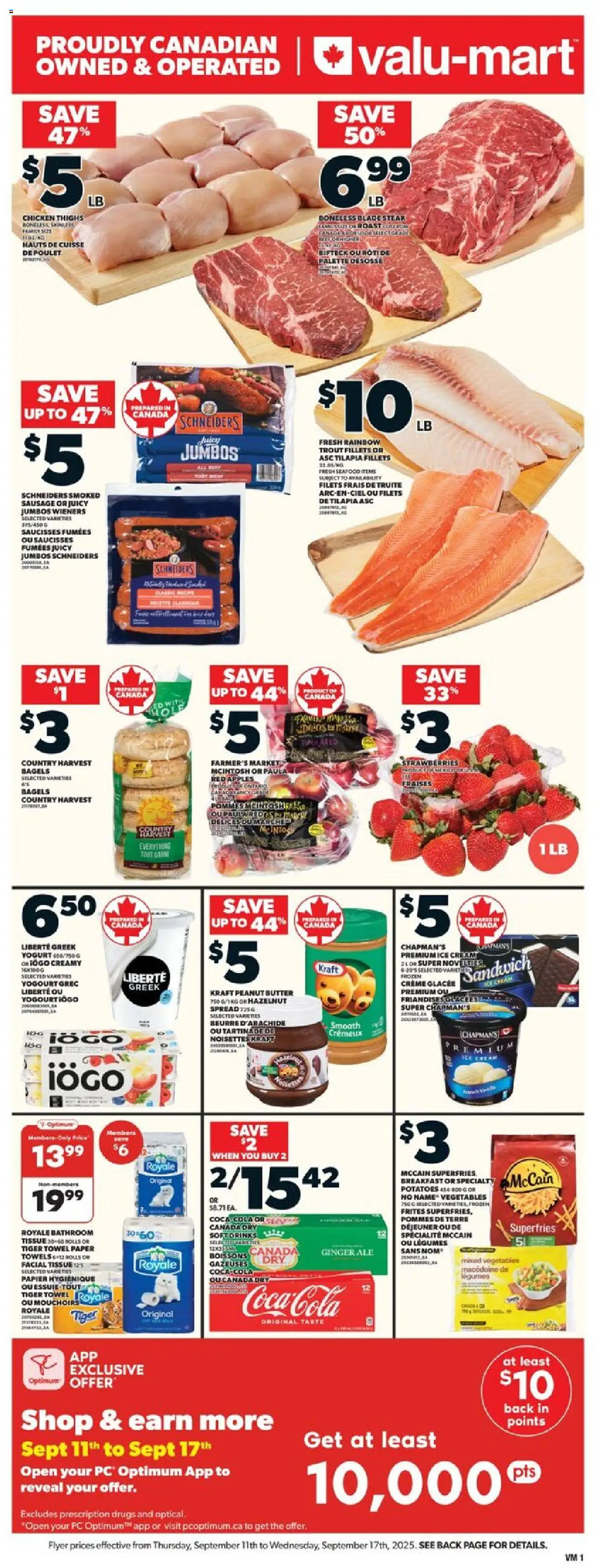 Preview of leaflet Weekly Flyer from shop Valu Mart is valid from Sep 11, 2025 - Apples, Ice cream, Chicken, Seafood, Yogurt, Trout, Paper towels, Spread