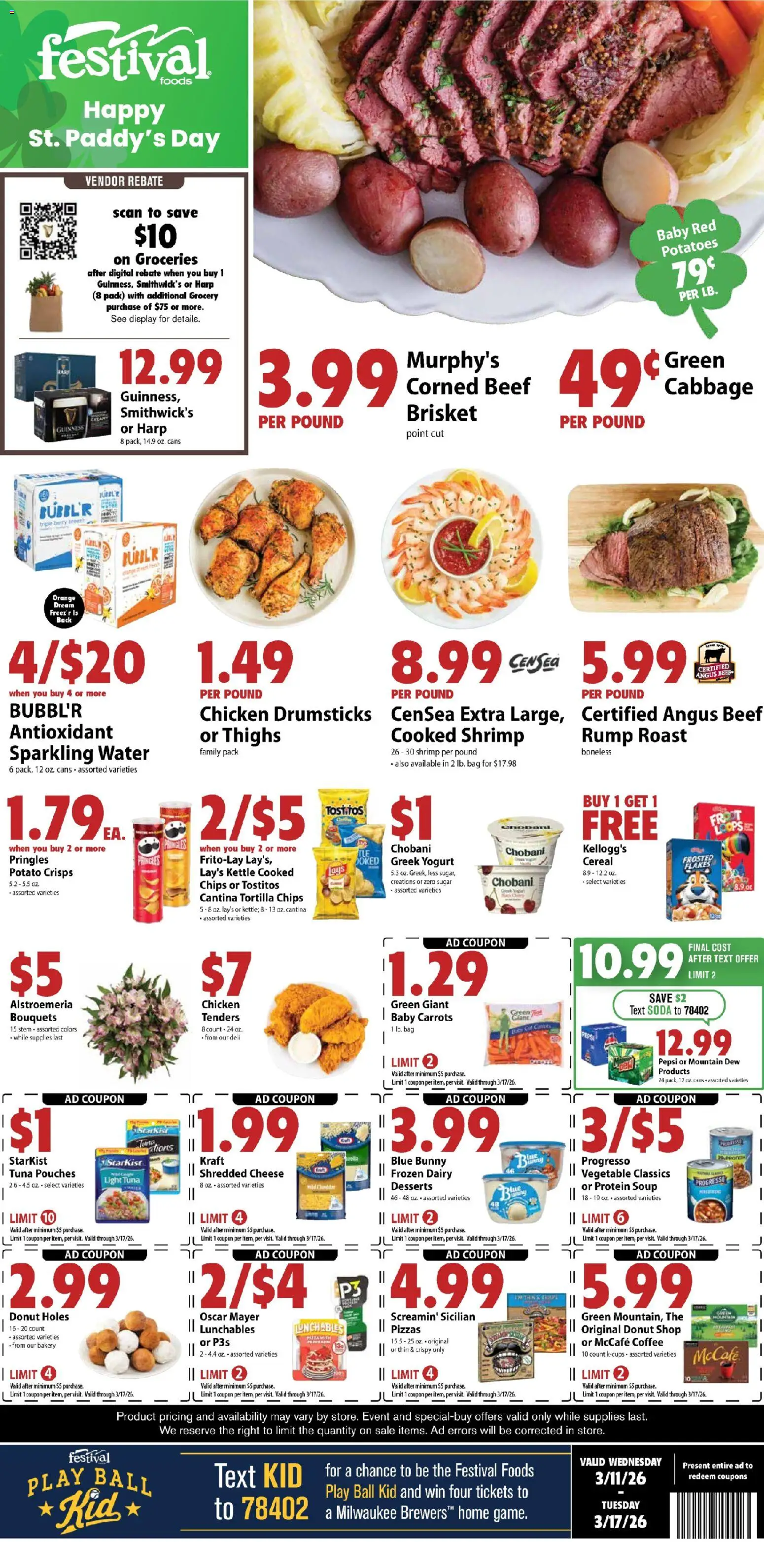 Ad Preview of Festival Foods Festival Foods Weekly Ad from 03/11/2026 - Bakery, Groceries, Potatoes, Protein, Sugar, Carrots, Beef, Tortilla chips