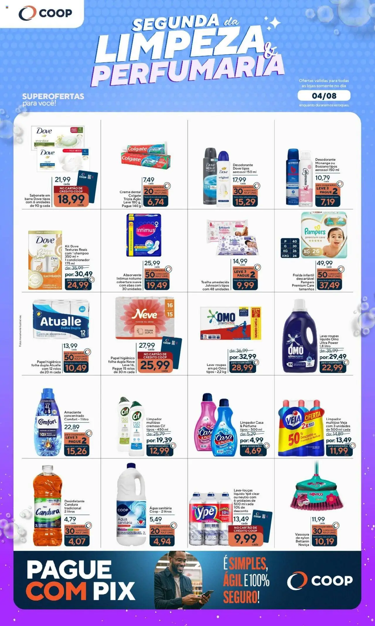 Coop folheto "Ofertas Segunda da Limpeza e Perfumaria" válido a partir de 04/08/2025 - número de página 1 - Água, Absorvente, Desinfetante, Pampers, Papel higiênico, Amaciante, Condicionador, Creme dental