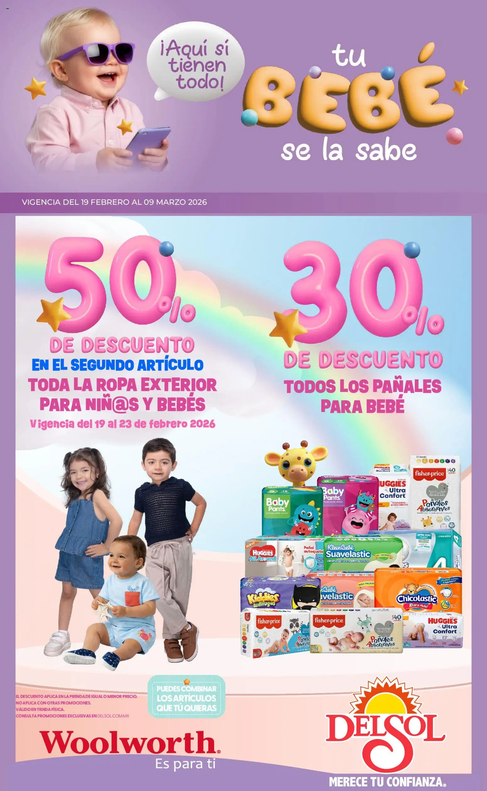 Vista previa las ofertas de la tienda Del Sol y Woolworth - Catálogo Tu Bebé Se La Sabe desde el 19/02/2026 - Ropa, Pants, Pañales