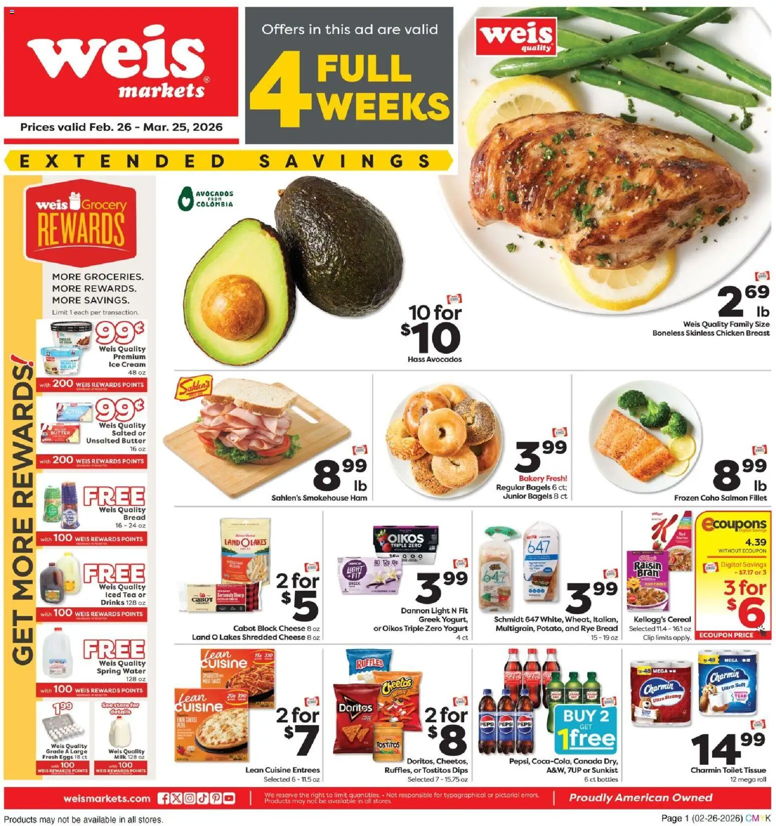 Ad Preview of Weis Monthly Ad from 02/26/2026 - Ice cream, Water, Eggs, Tea, Sauce, Spring water, Salmon fillet, Chicken