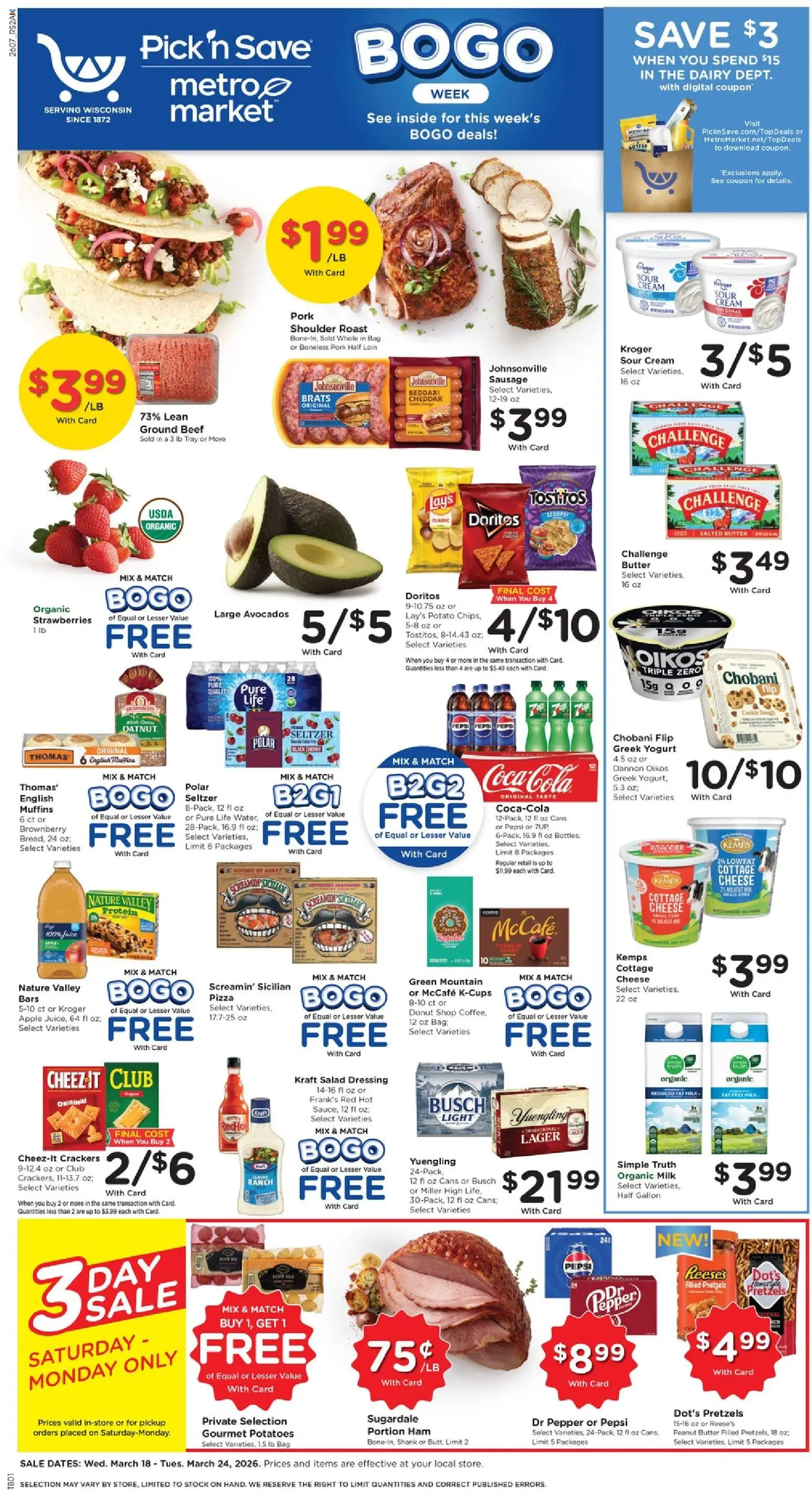 Ad Preview of Pick ‘n Save Pick ‘n Save Weekly Ad from 03/18/2026 - Pizza, Salad, Potatoes, Dressing, Sausage, Greek yogurt, Beef, Pork