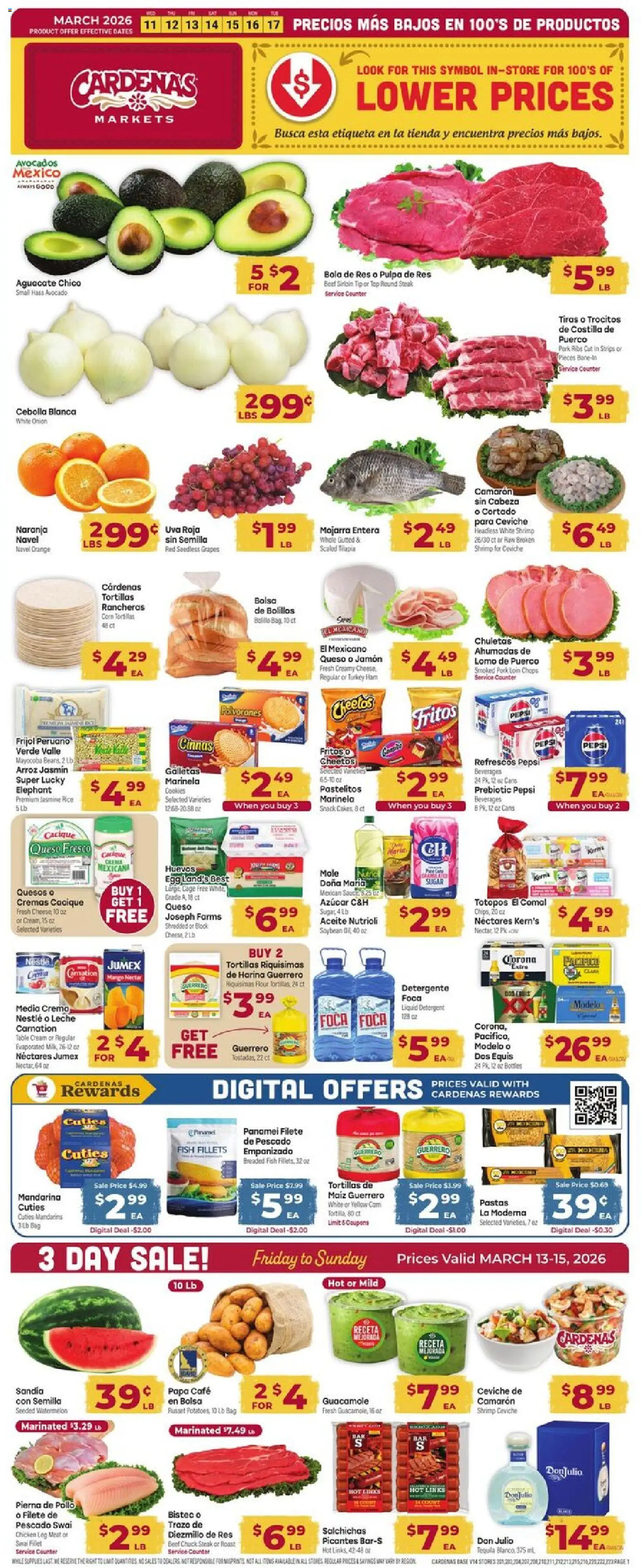 Ad Preview of Cardenas Cardenas Weekly Ad from 03/11/2026 - Cookies, Steak, Tilapia, Grapes, Tortillas, Mandarins, Beverages, Beef chuck