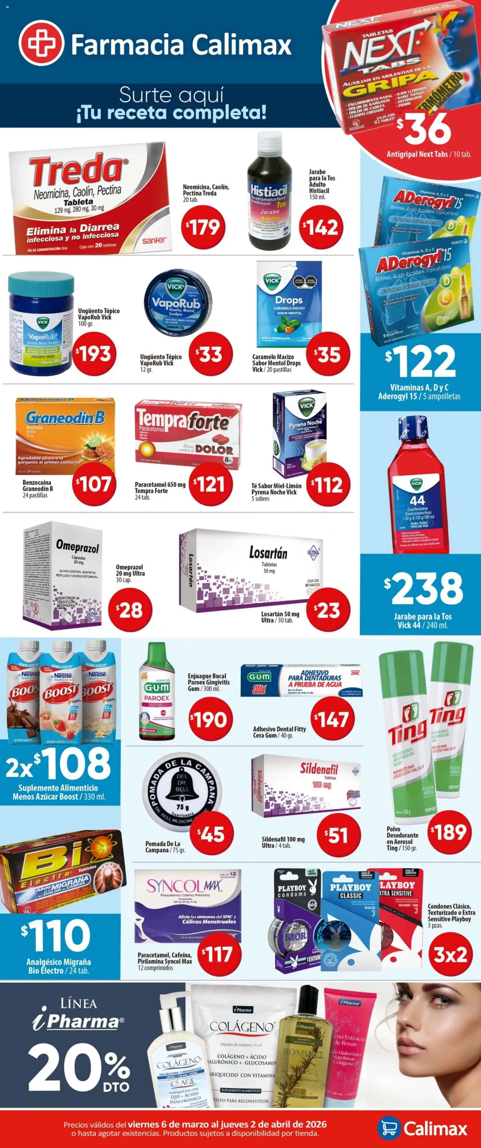 Vista previa las ofertas de la tienda Calimax - Calimax folleto Farmacia desde el 06/03/2026 - Agua, Shampoo, Jarabe para la tos, Vitaminas, Enjuague bucal, Analgésico, Antigripal, Suavizante