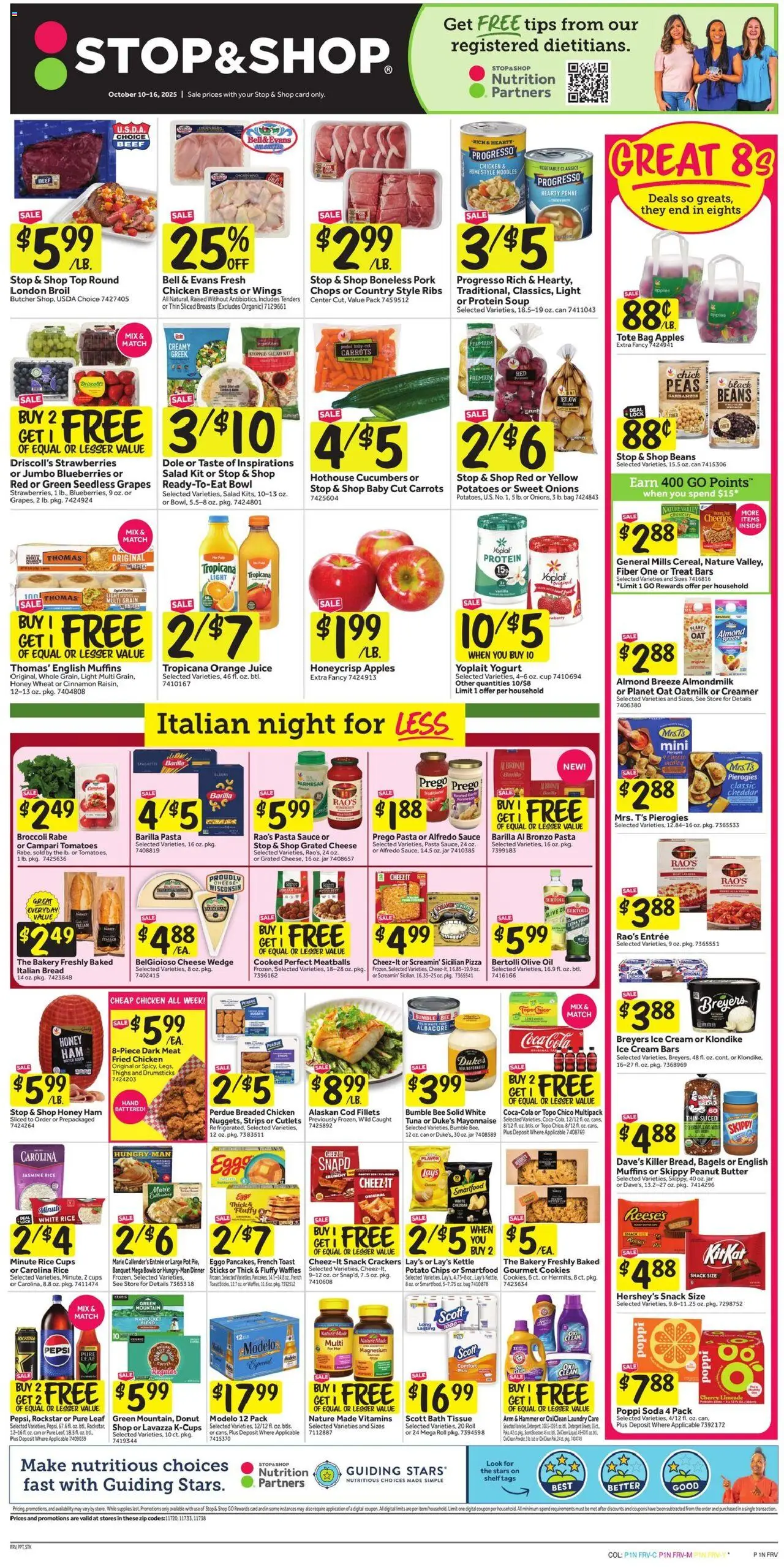 Ad Preview of Stop & Shop Weekly Ad from 10/10/2025 - Donut, Ice, Juice, Tomatoes, Cucumbers, Ham, Barilla pasta, Chicken