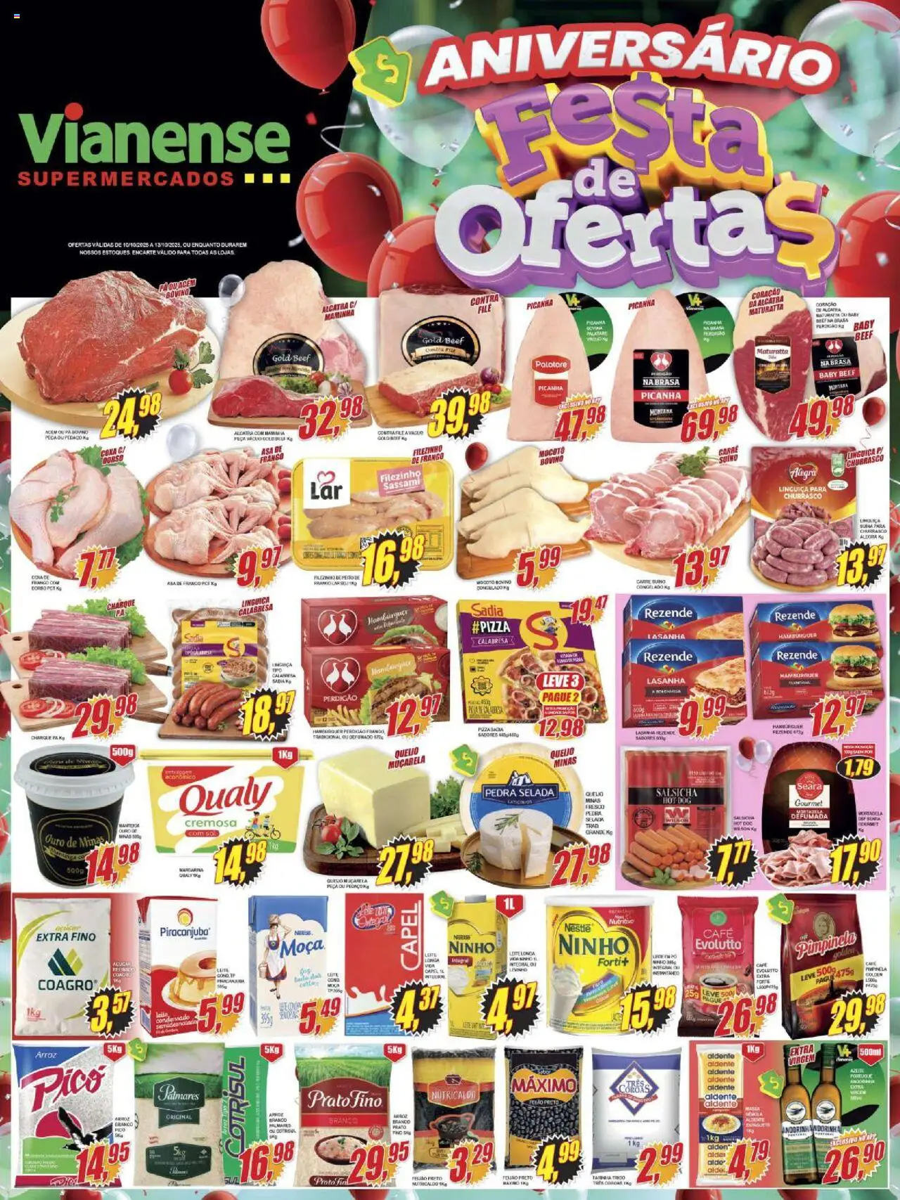 Vianense folheto "Encarte" válido a partir de 10/10/2025 - número de página 1 - Arroz, Feijão, Manteiga, Mortadela, Pó, Maminha, Leite integral, Coxa de frango