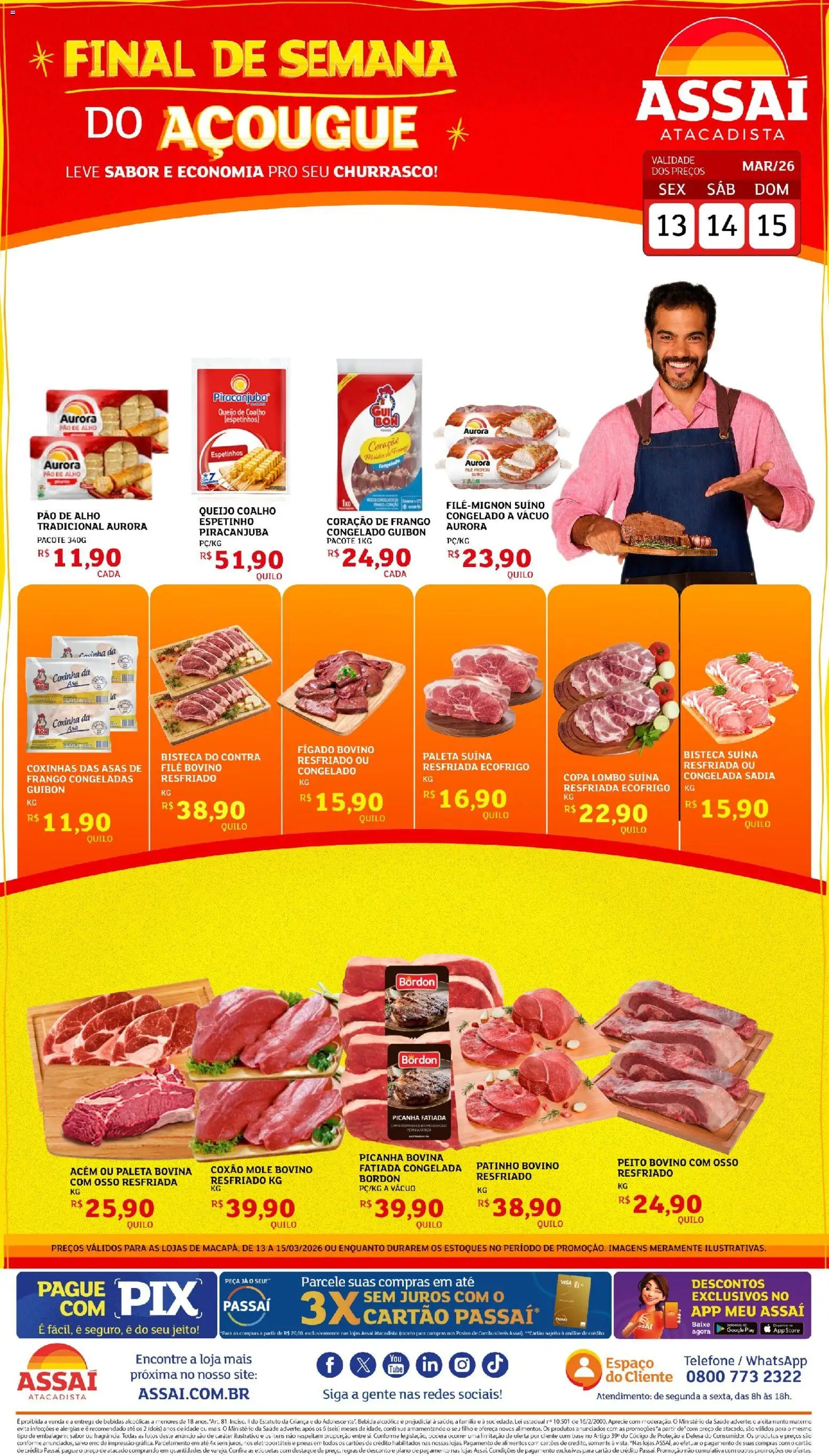 Pré-Visualização do folheto "Assaí Atacadista ofertas - AP" da loja Assaí Atacadista válido a partir de 13/03/2026 - Telefone, Base, Queijo, Frango, Fígado, Lombo, Paleta suína, Acém