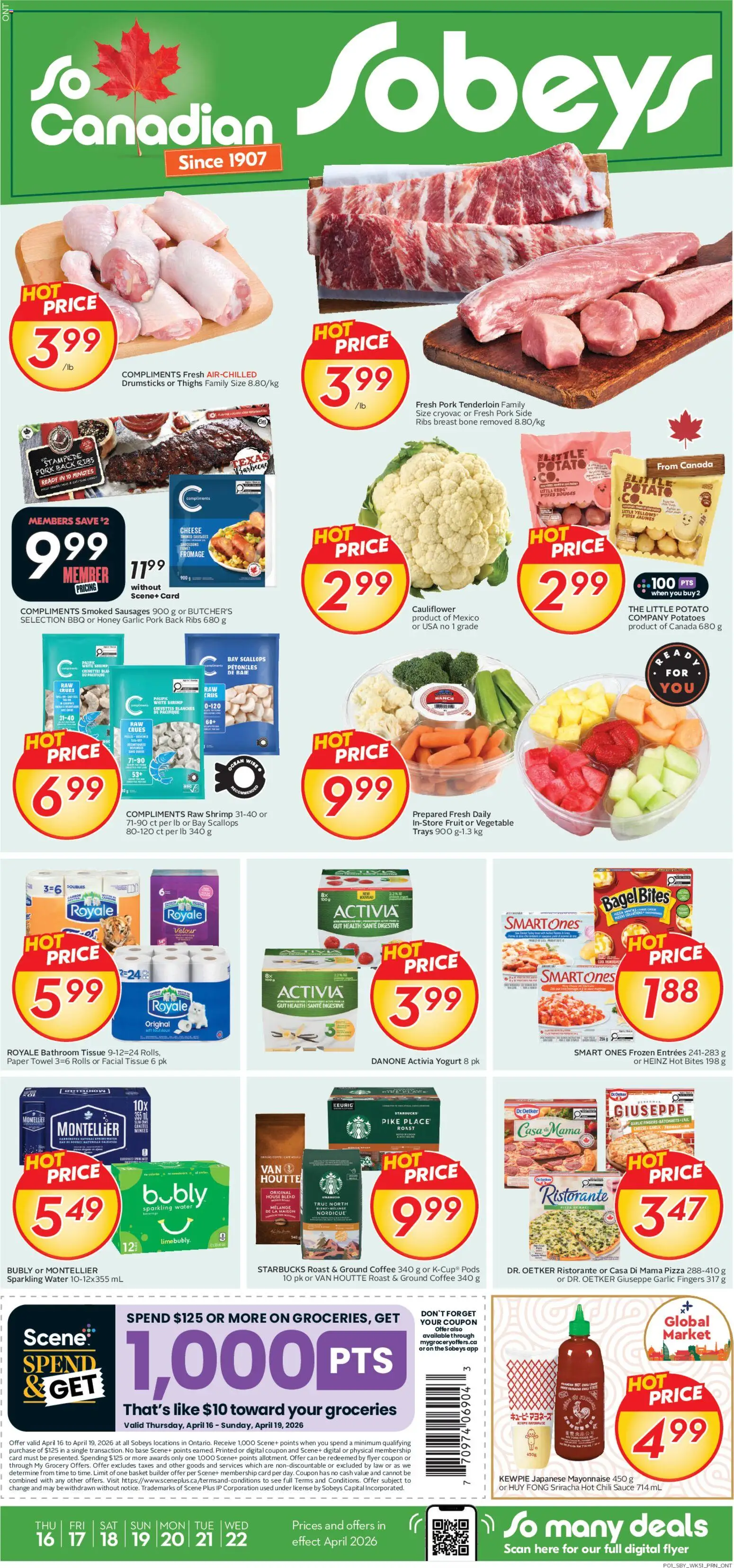Preview of leaflet Sobeys weekly flyer / circulaire from shop Sobeys is valid from Apr 16, 2026 - Coffee, Cheese, Sausages, Pork tenderloin, Mayonnaise, Garlic, Basket, Drumsticks