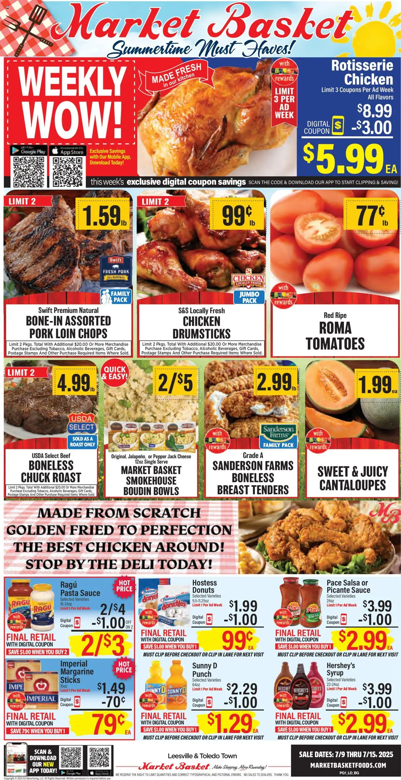 Market Basket Weekly Ad from 07/09/2025 - Flyer - Page number 1 - Cantaloupes, Margarine, Clip, Cheese, Pork, Tomatoes, Beef, Sauce