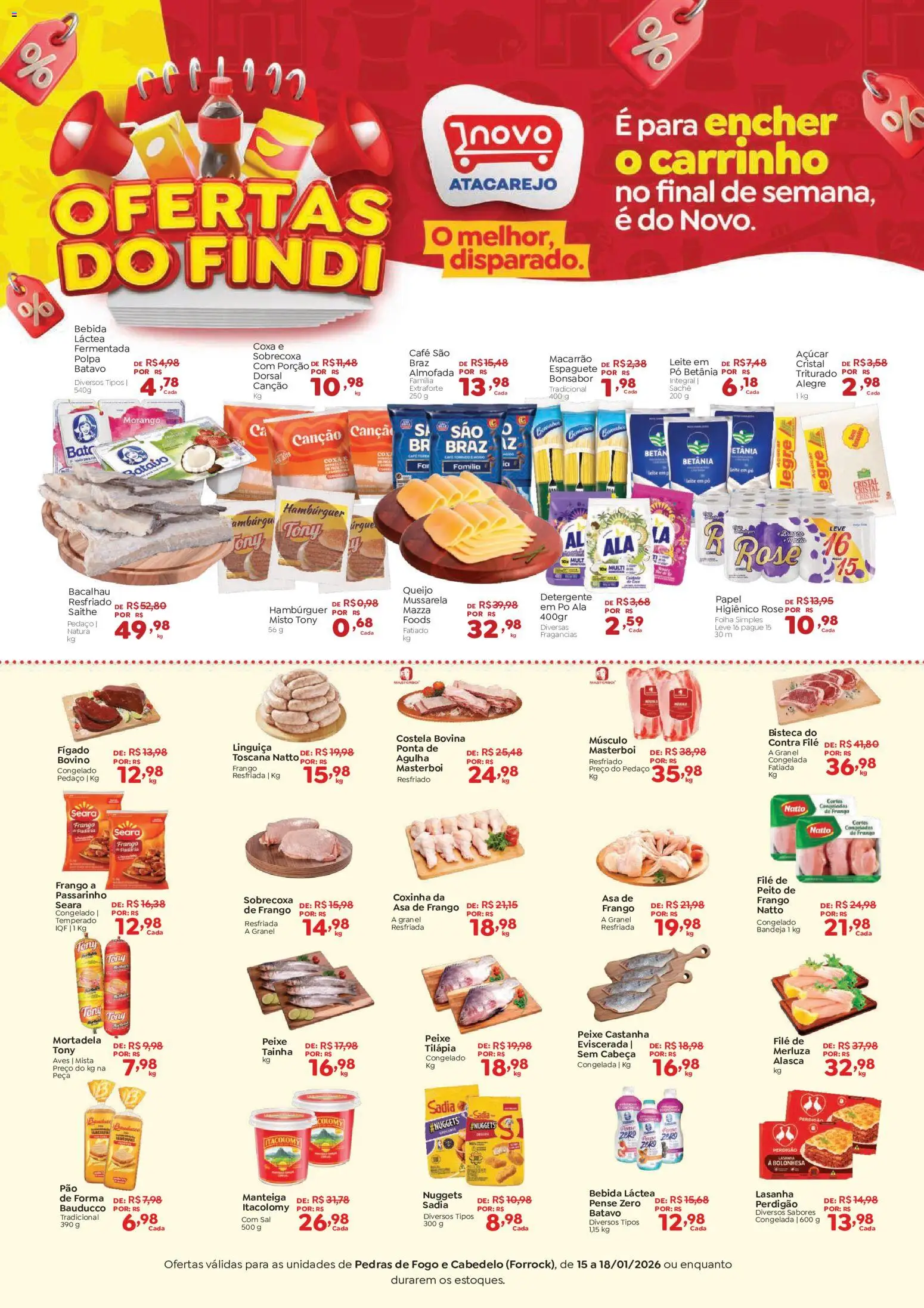 Pré-Visualização do folheto "Ofertas do Findi" da loja Novo Atacarejo válido a partir de 15/01/2026 - Peixe, Macarrão, Leite, Frango, Mortadela, Pó, Costela bovina, Contra filé