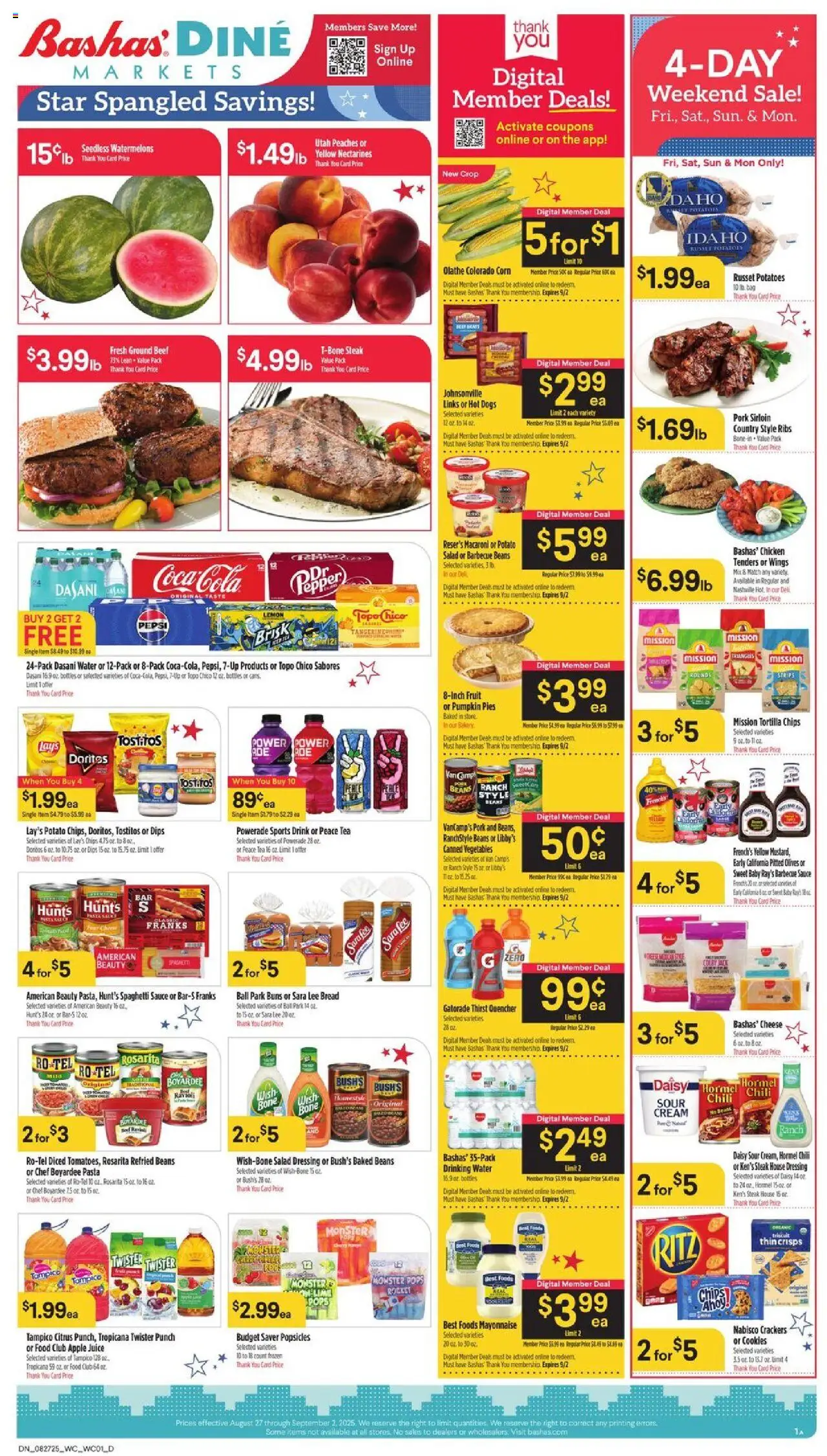 Basha's Dine from 08/27/2025 - Flyer - Page number 1 - Pasta, Salad, Vegetables, Bread, Bag, Crackers, Mayonnaise, Chicken