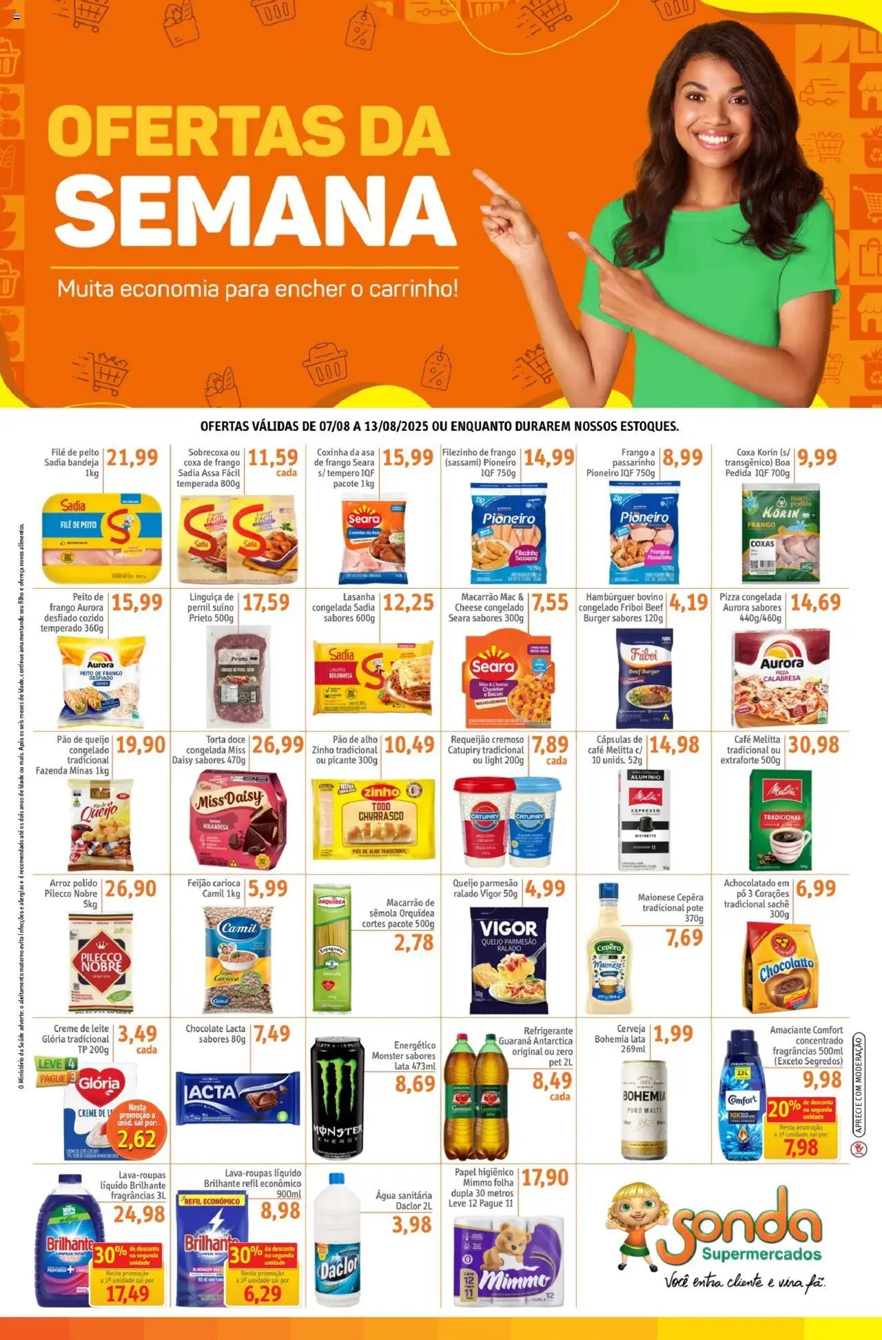 Sonda folheto "Ofertas da semana" válido a partir de 07/08/2025 - número de página 1 - Pizza, Água, Macarrão, Catupiry, Creme de leite, Bacon, Pó, Cápsulas