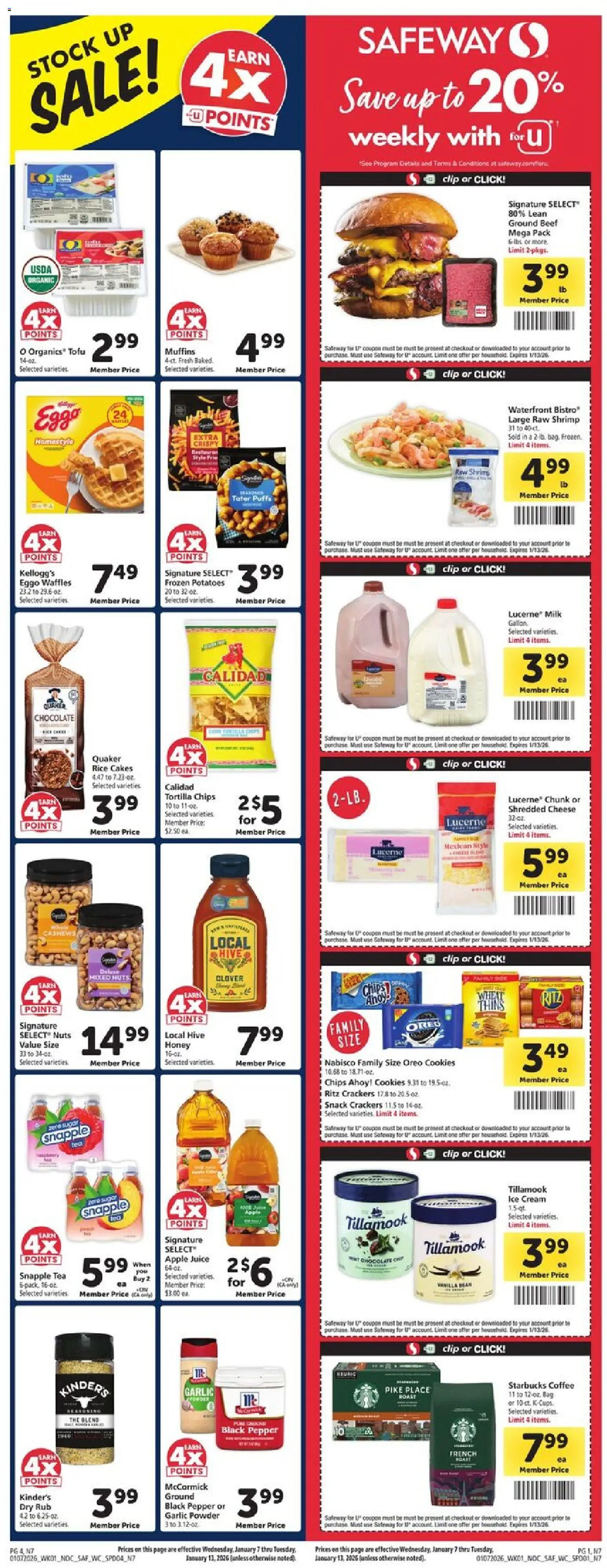 Ad Preview of Safeway Weekly Ad from 01/07/2026 - Coffee, Ice cream, Potatoes, Rice cakes, Oreo, Nuts, Bag, Cream