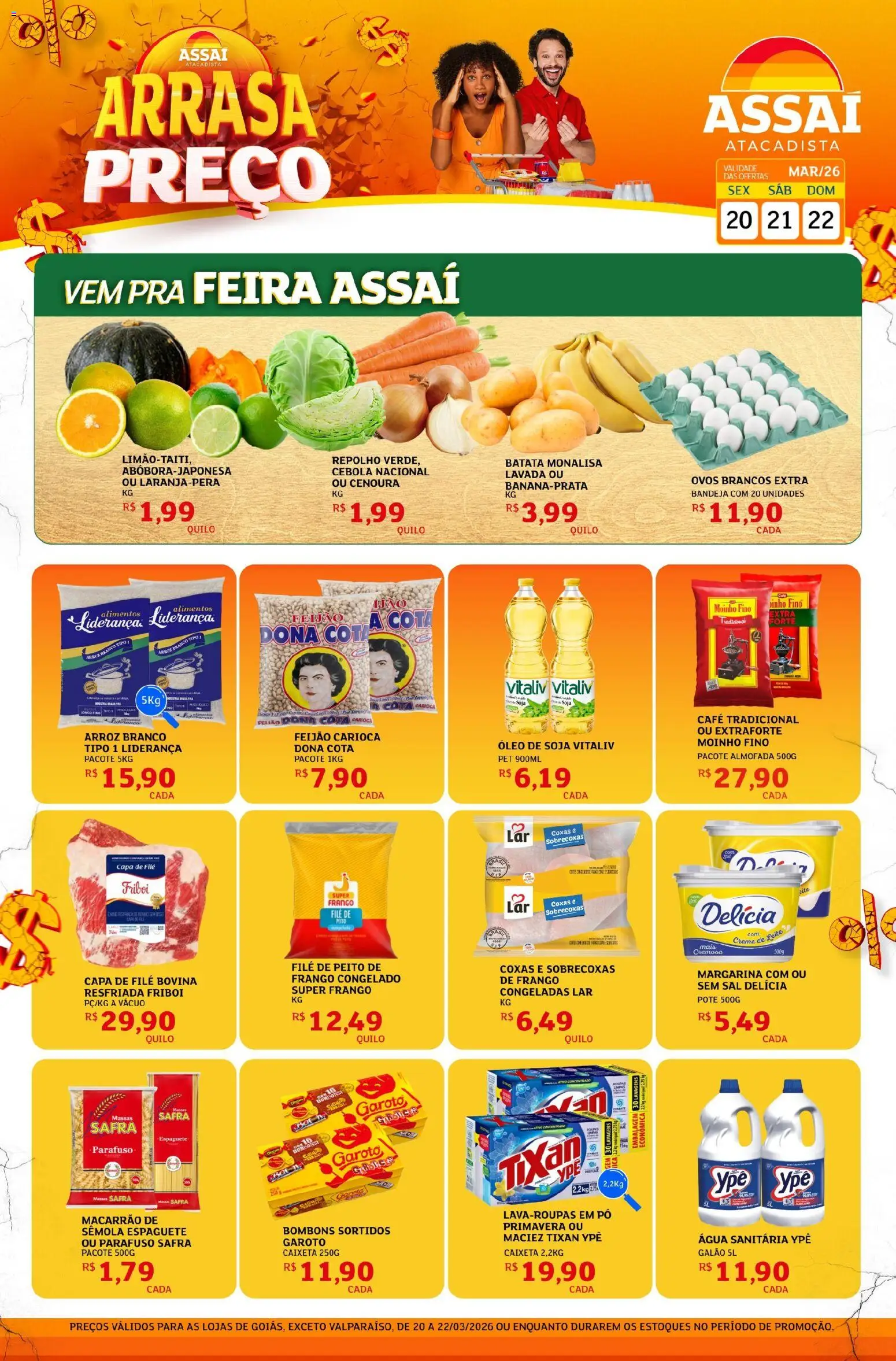 Pré-Visualização do folheto "Assaí Atacadista ofertas - GO" da loja Assaí Atacadista válido a partir de 20/03/2026 - Macarrão, Sal, Feijão, Leite, Batata, Massa, Creme de leite, Espaguete