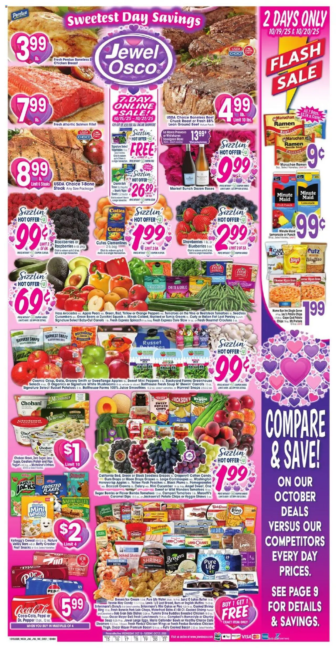 Jewel Osco Weekly Ad - IN from 10/15/2025 - Flyer - Page number 1 - Candy, Fruit, Strawberries, Protein, Pepsi, Peppers, Squash, Spinach