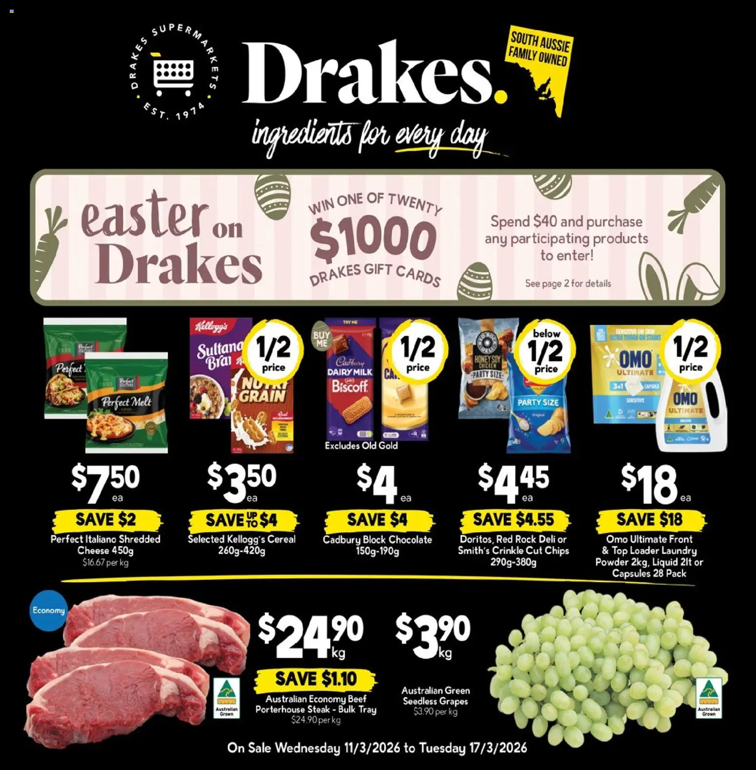 Preview of catalogue Drakes catalogue from shop Drakes valid 11/03/2026 - Ingredients, Powder, Dairy, Chocolate, Beef, Chips, Steak, Laundry