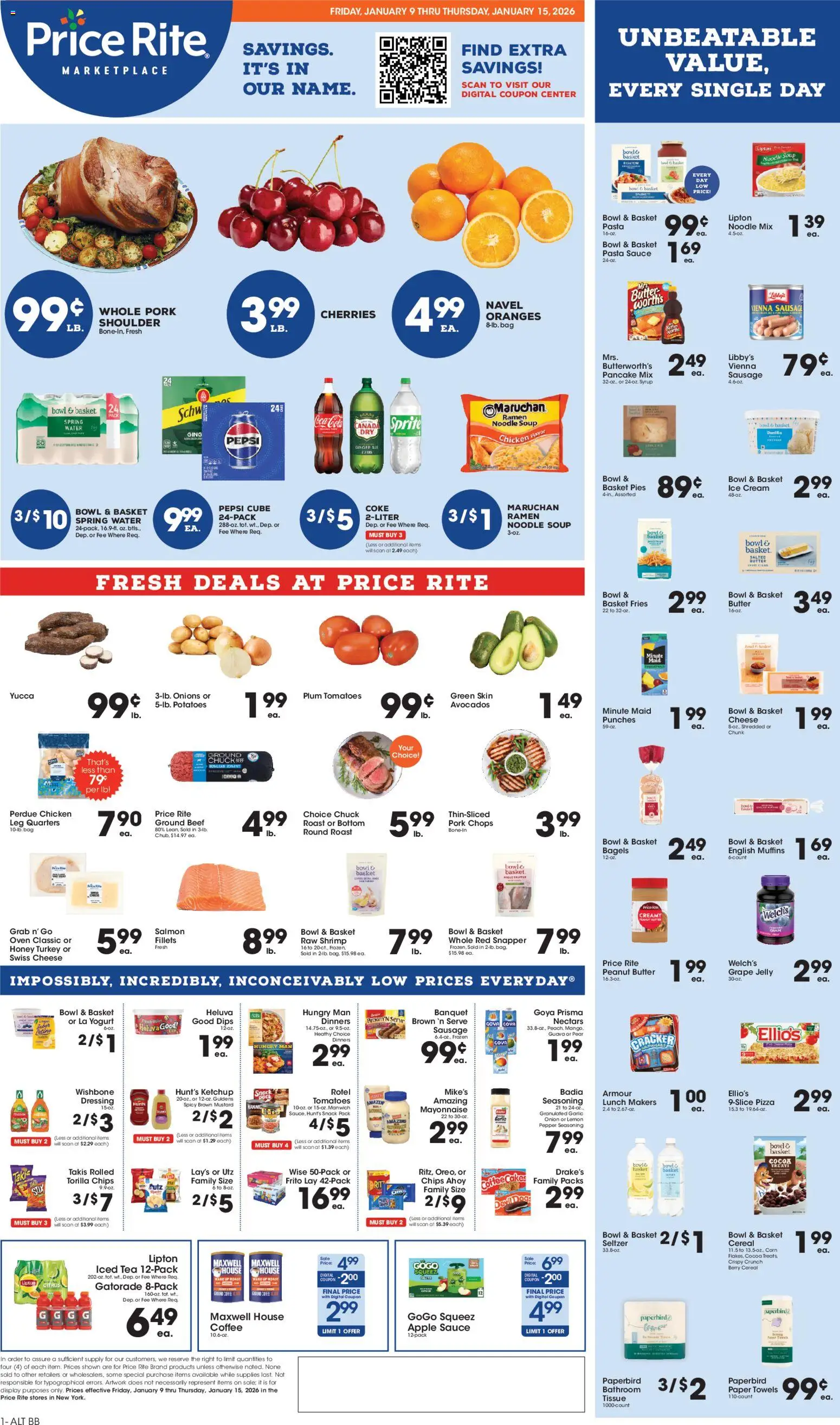 Ad Preview of Price Rite Weekly Ad from 01/09/2026 - Pizza, Ice cream, Cocoa, Chips, Dressing, Cherries, Peanut butter, Syrup