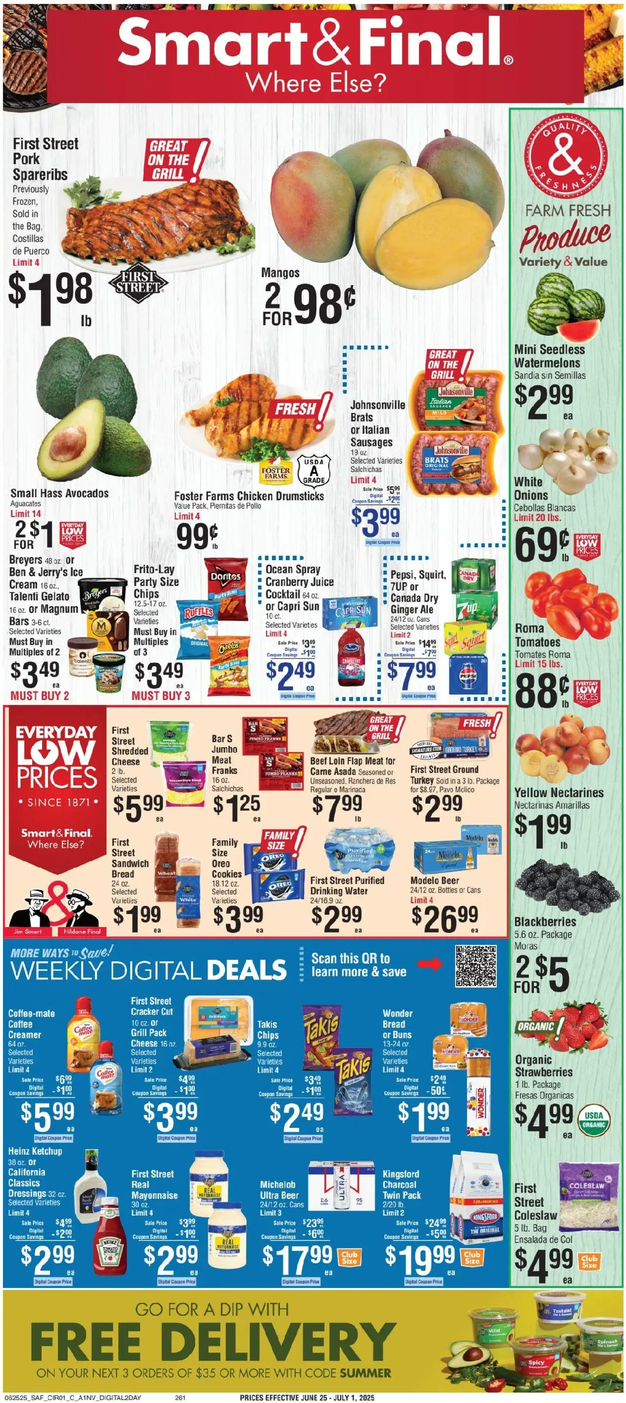 Smart & Final Weekly Ad from 06/24/2025 - Flyer - Page number 1 - Ice, Grill, Bread, Tomatoes, Guacamole, Ketchup, Magnum, Ground turkey