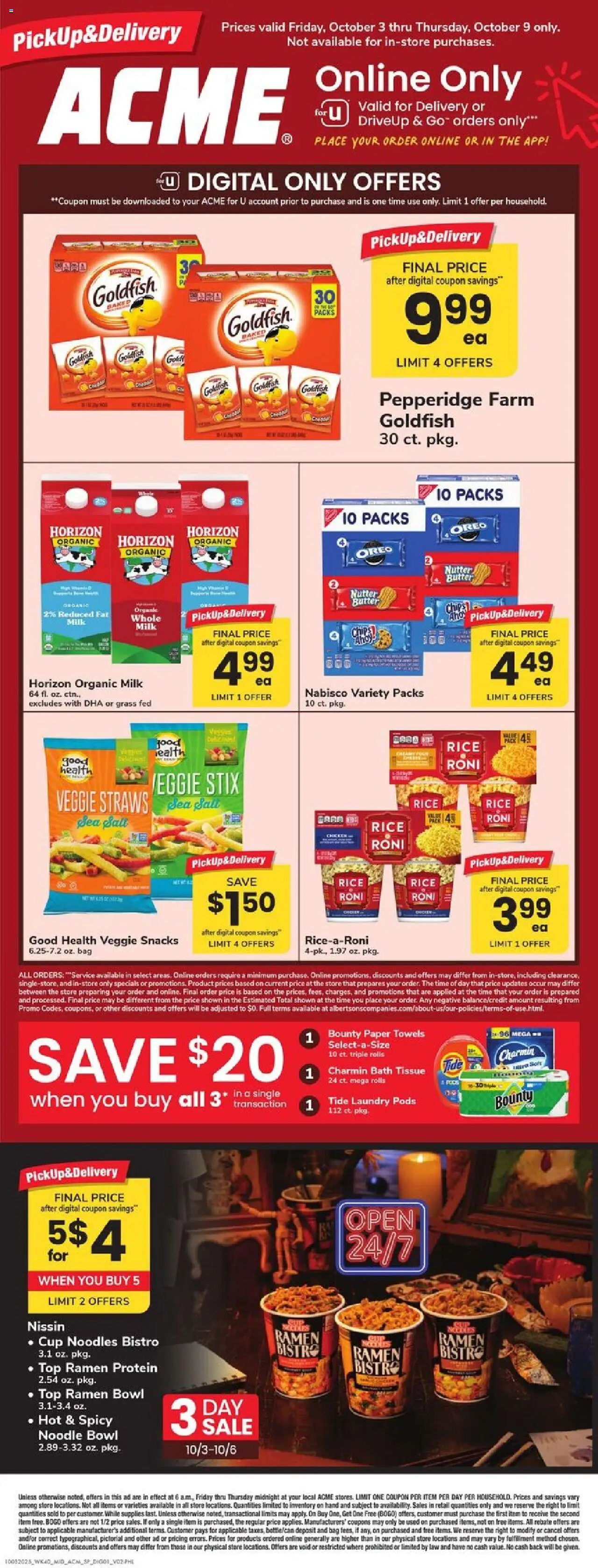 Acme Specialty Publication from 10/03/2025 - Circular, Flyer - Page number 1 - Noodles, Milk, Protein, Rice, Bag, Bath, Paper towels, Laundry pods