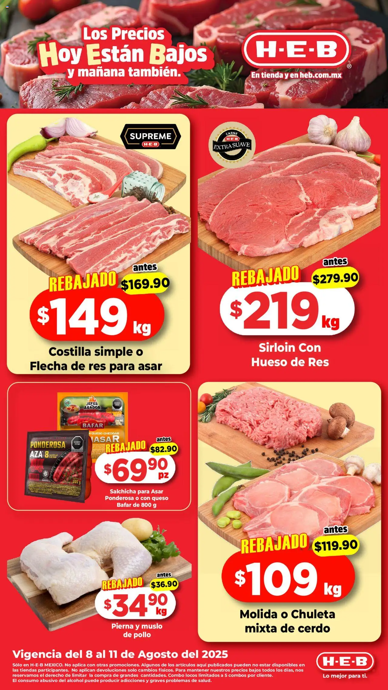 Folleto H-E-B y sus promociones válidas desde el 08/08/2025 - Número de página 1 - Pollo, Alcohol, Queso, Carne, Asador, Queso Cheddar, Salchicha, Chuleta