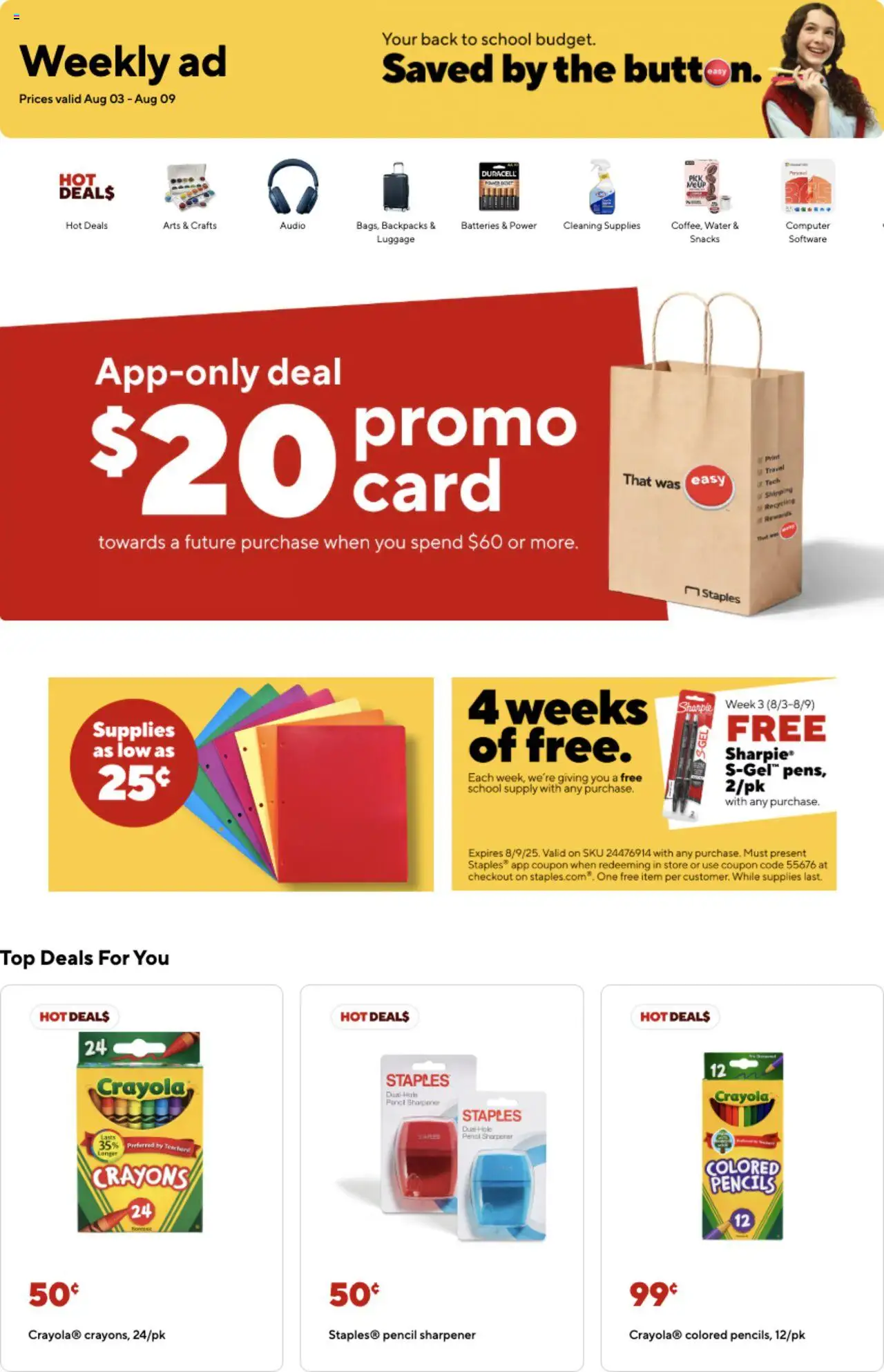 Staples Weekly Ad from 08/03/2025 - Flyer - Page number 1 - Water, Snacks, Computer, Pencil, Audio, Pencil sharpener