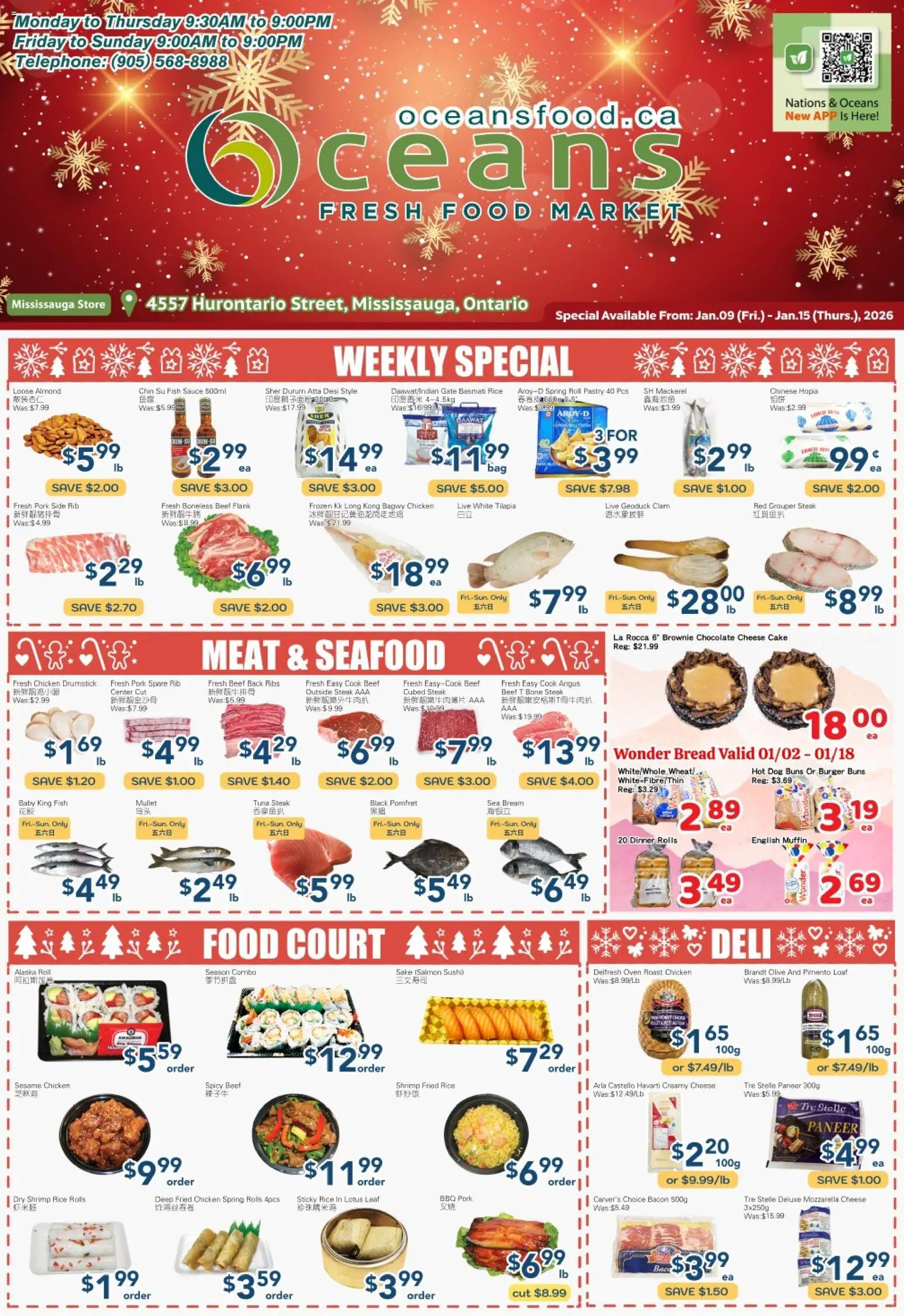 Preview of leaflet Weekly Flyer - Mississauga from shop Oceans is valid from Jan 09, 2026 - Cake, Seafood, Sesame, Shrimp, Bacon, Roast, Basmati rice, Tuna steak