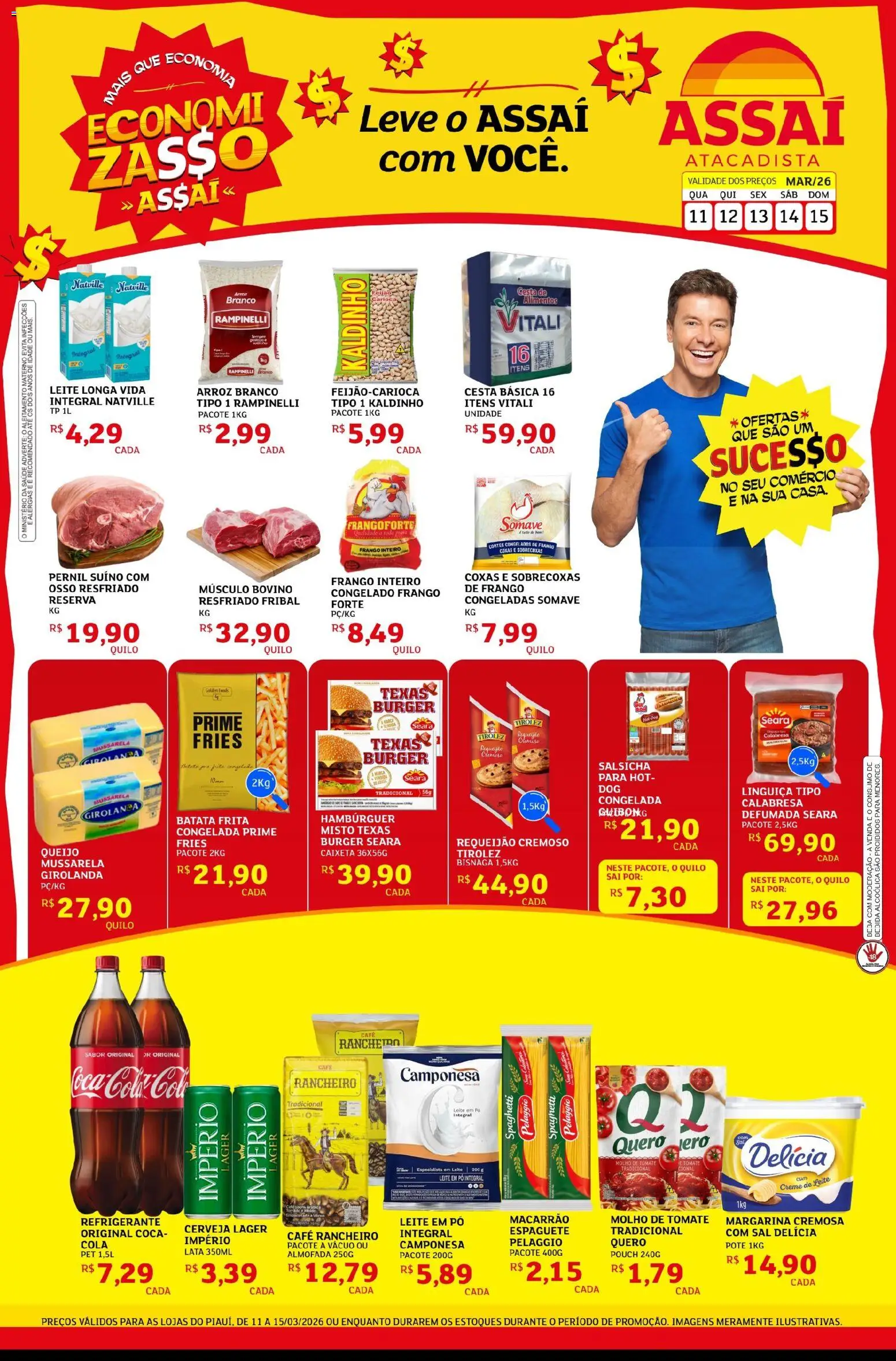 Pré-Visualização do folheto "Assaí Atacadista ofertas - PI" da loja Assaí Atacadista válido a partir de 12/03/2026 - Batata frita, Queijo, Frango, Mussarela, Cesta, Almofada, Espaguete, Leite longa vida