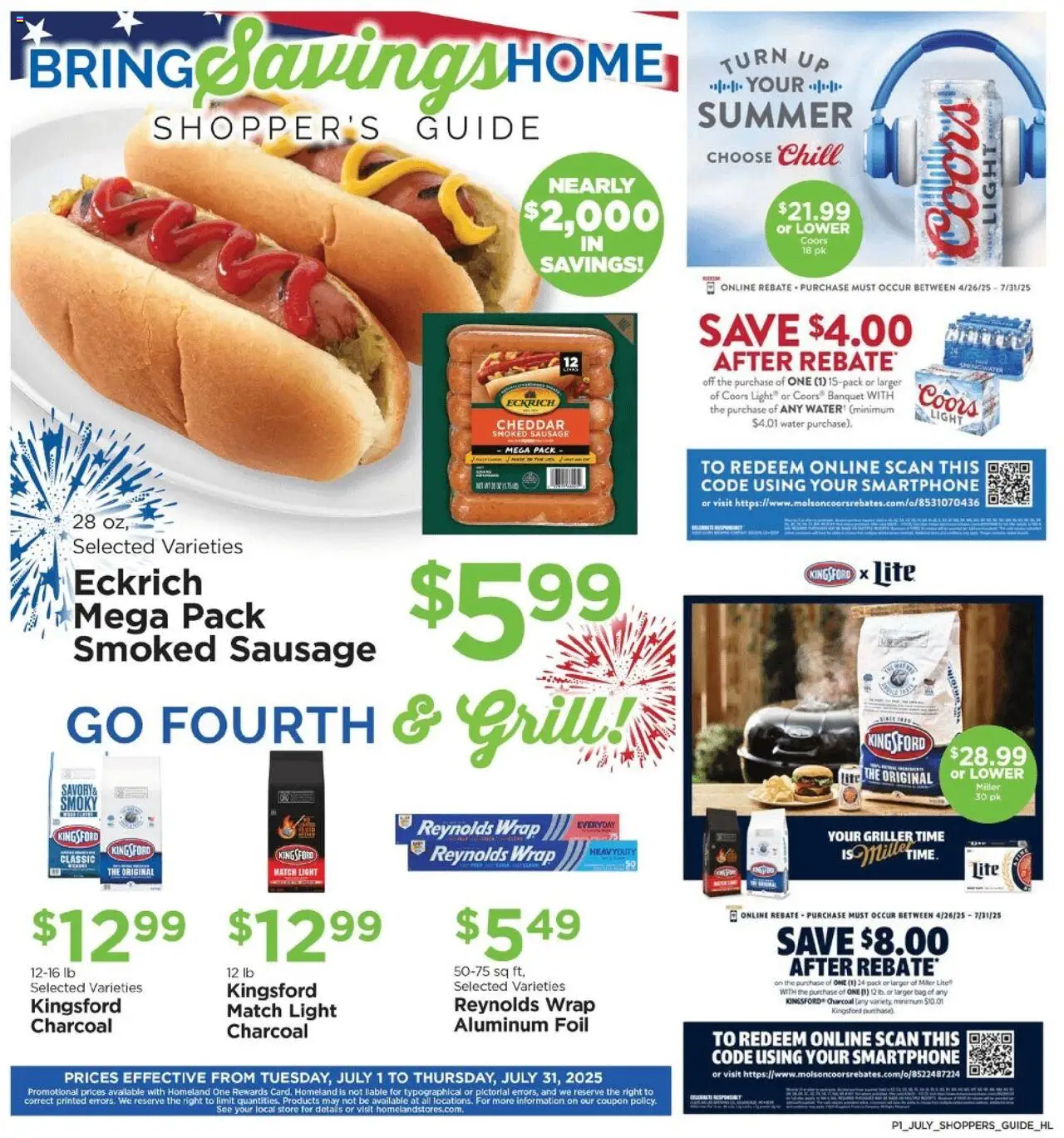 Homeland Bring Savings Home Shopper's Guide from 07/01/2025 - Flyer - Page number 1 - Water, Grill, Sausage, Charcoal, Bag, Smartphone, Foil, Aluminum foil