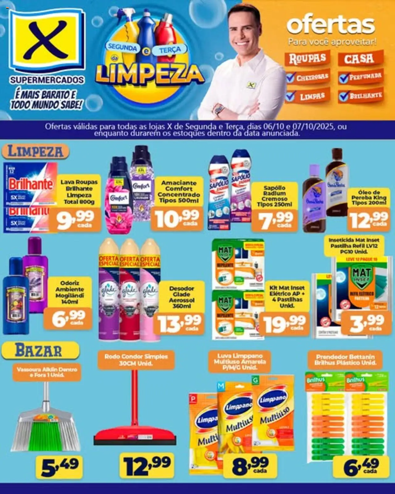 Pré-Visualização do folheto "Ofertas especiais de limpeza" da loja X Supermercados válido a partir de 06/10/2025 - Roupas, Óleo, Vassoura, Amaciante, Inseticida, Rodo