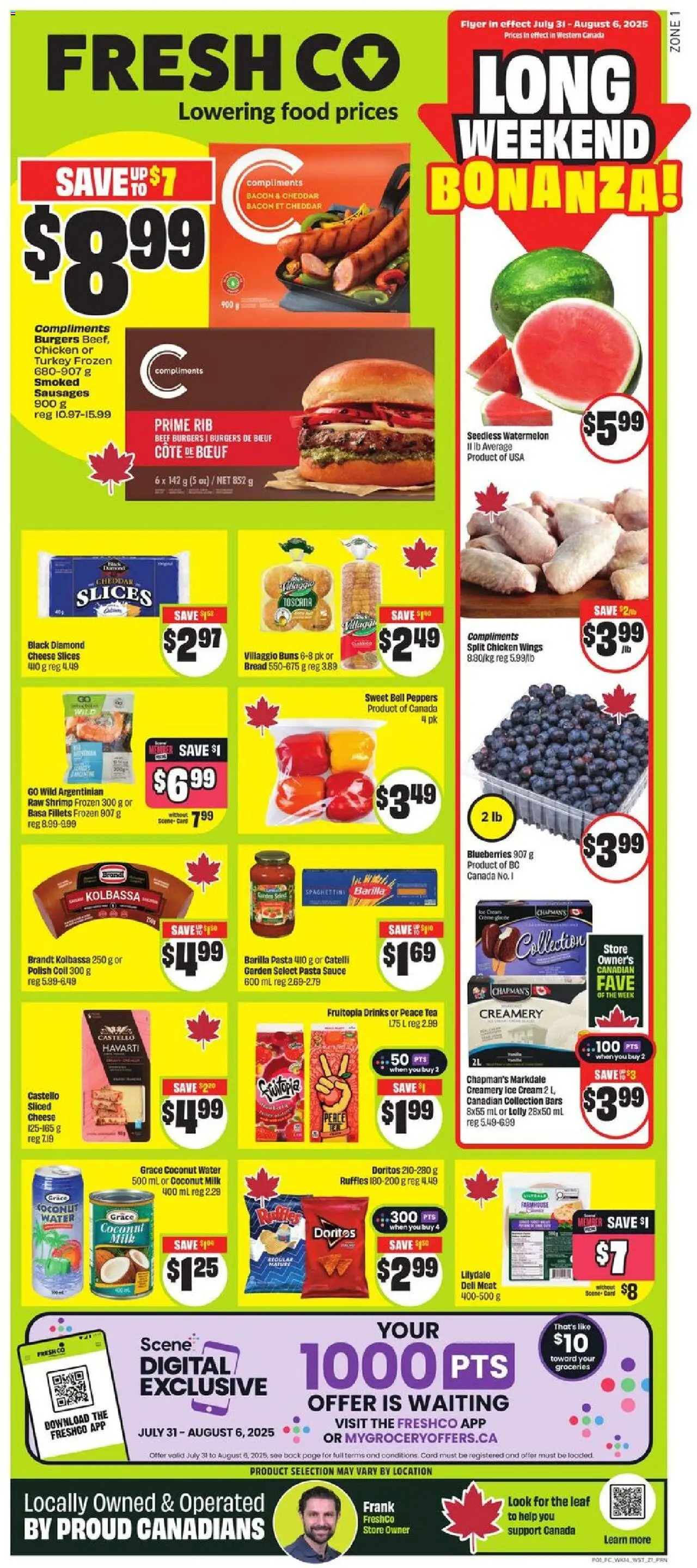 FreshCo flyer valid from Jul 31, 2025 - page number 1 - Burgers, Turkey, Water, Bread, Beef, Cream, Cheddar, Barilla pasta
