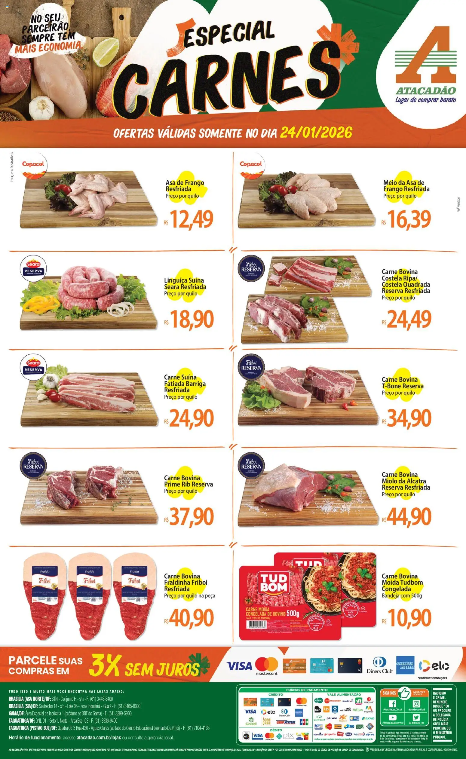 Pré-Visualização do folheto "Ofertas - DF" da loja Atacadão válido a partir de 24/01/2026 - Frango, Fraldinha, Carne moída, Linguiça, Alcatra, Bandeja, Carne bovina, Lápis