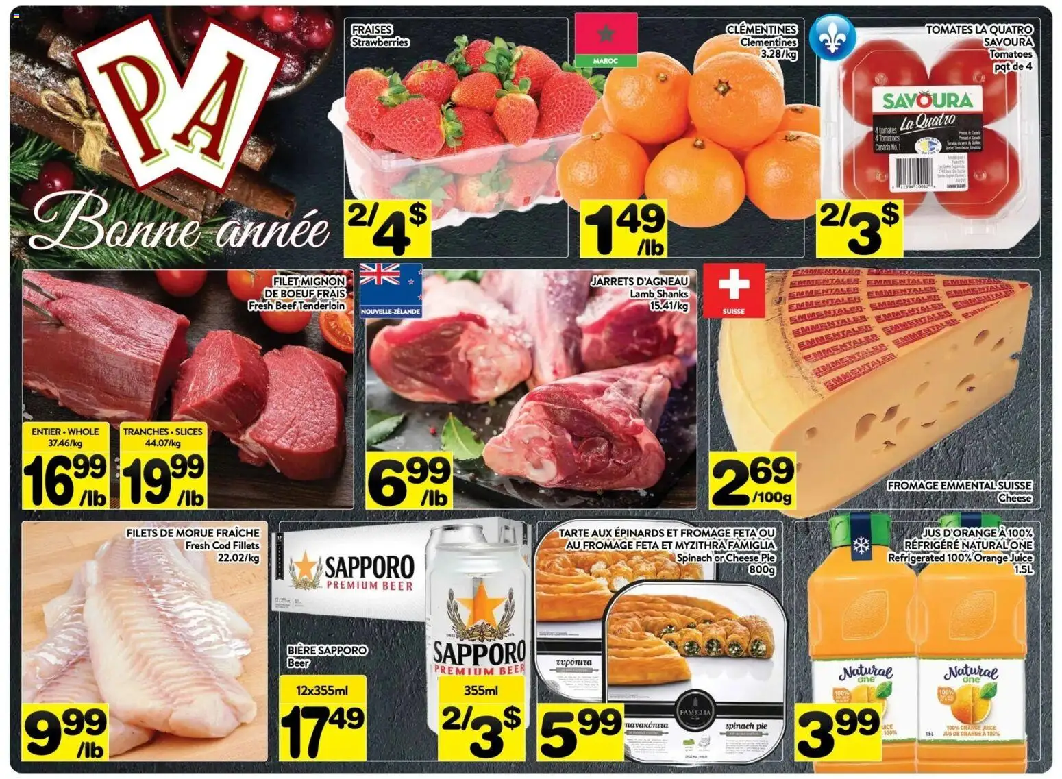 Preview of leaflet Weekly flyer / circulaire from shop Pa Supermarché is valid from Dec 26, 2025 - Beer, Cheese, Juice, Lamb, Tomatoes, Beef, Orange juice, Beef tenderloin
