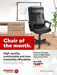 Un aperçu du dépliant Staples flyer - Chair of the month du magasin Staples est valide à partir 1 avr. 2026