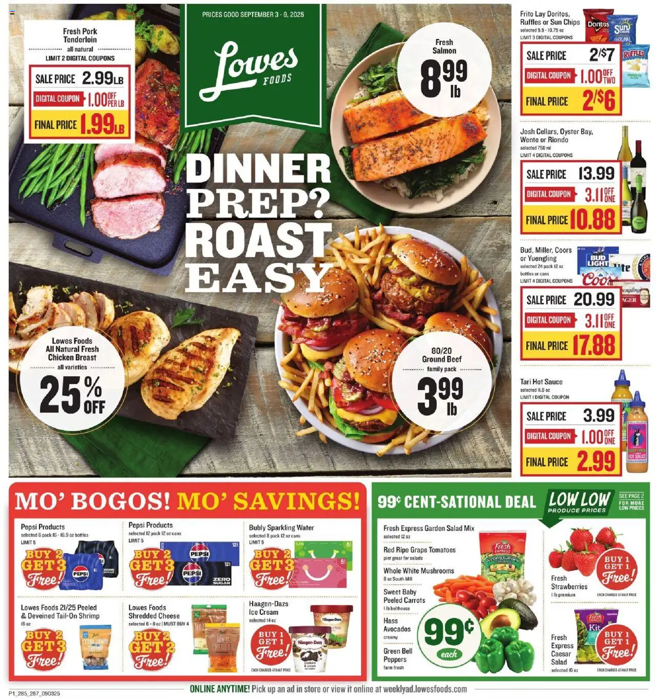 Lowes Foods Weekly Ad from 09/03/2025 - Flyer - Page number 1 - Ice cream, Water, Salad, Chips, Strawberries, Mushrooms, Ground beef, Pork